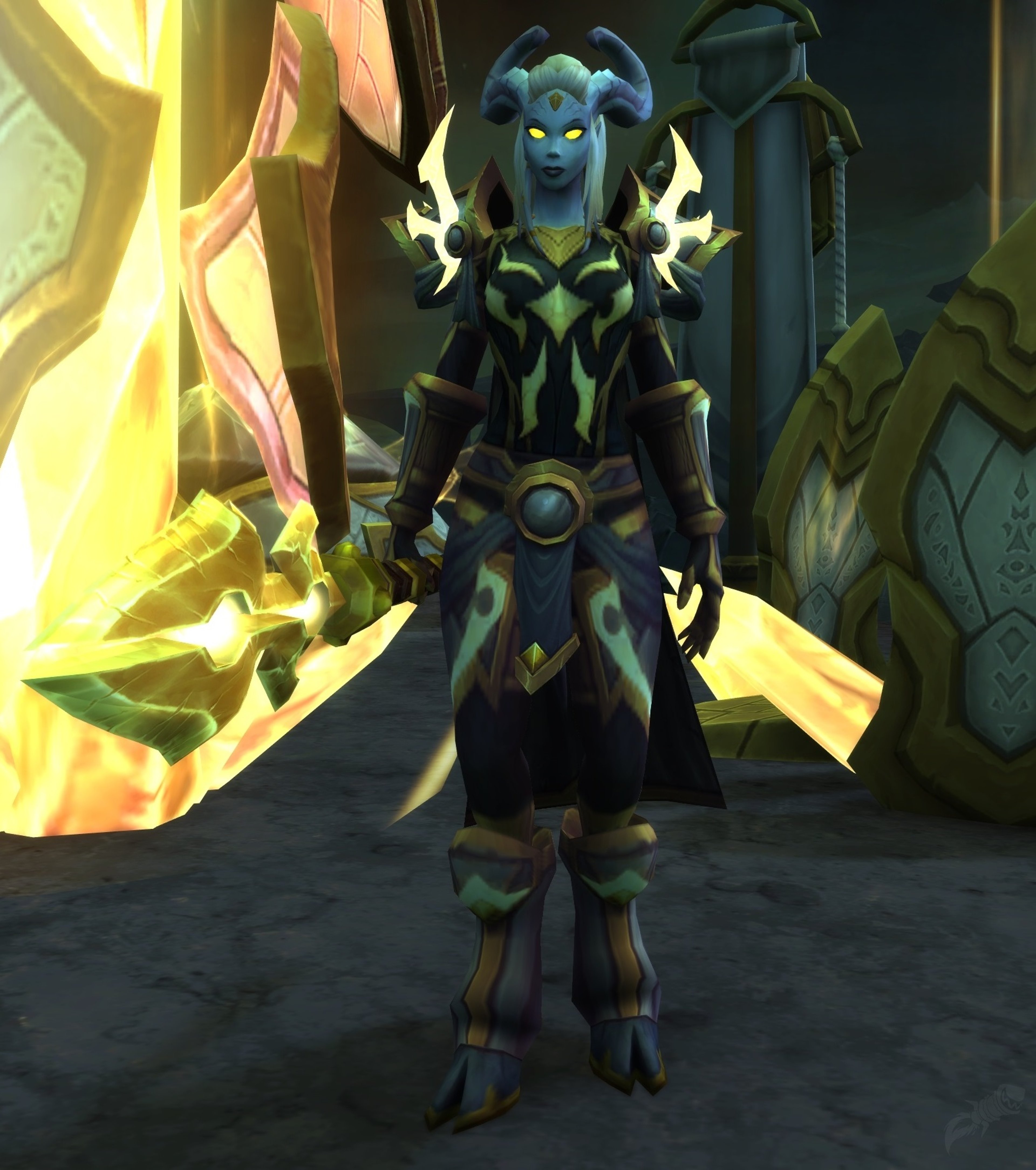 A Lightforged Draenei military captain in ornate green and gold armor, holding a crescent-shaped weapon.