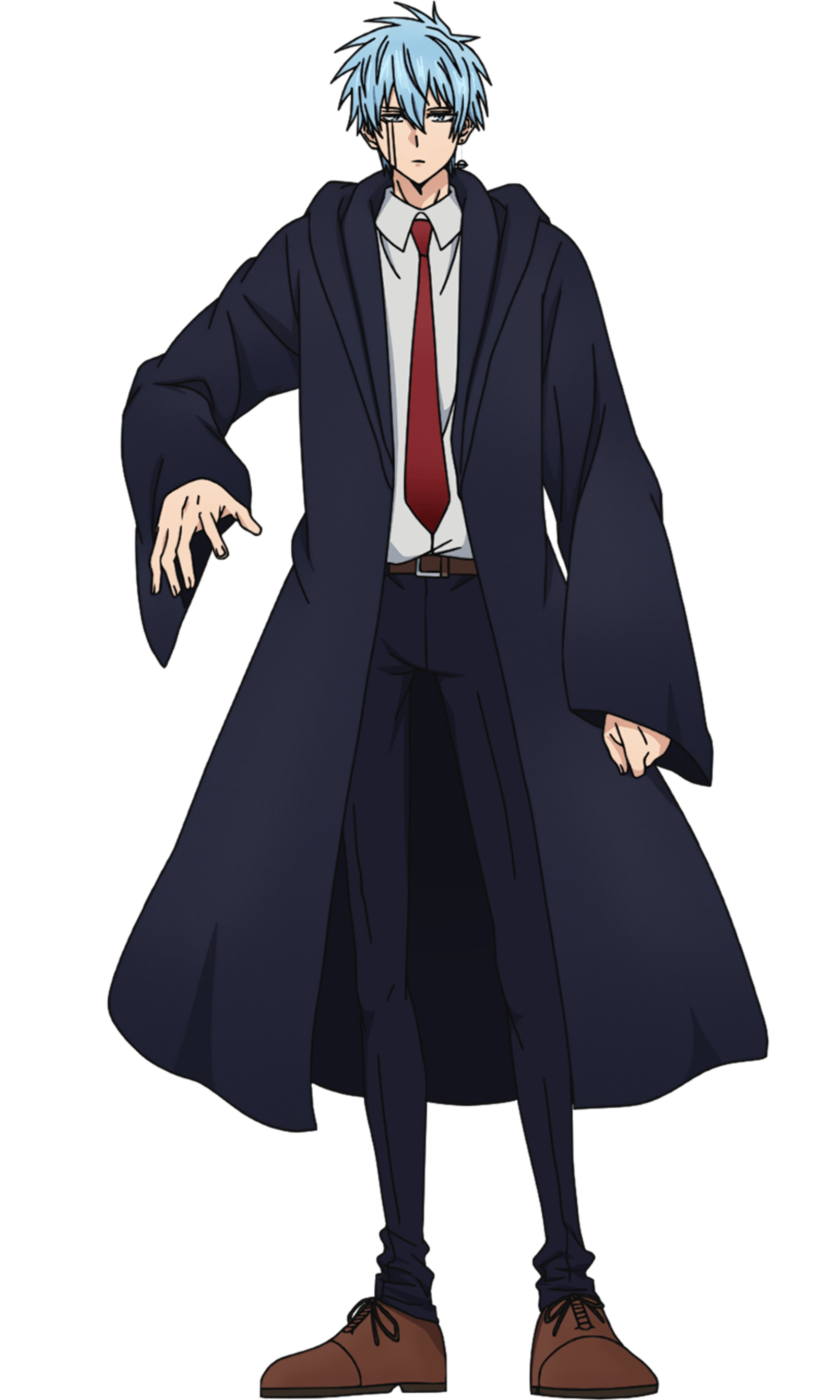 An anime-style character with blue-green hair wearing a black coat and tie.