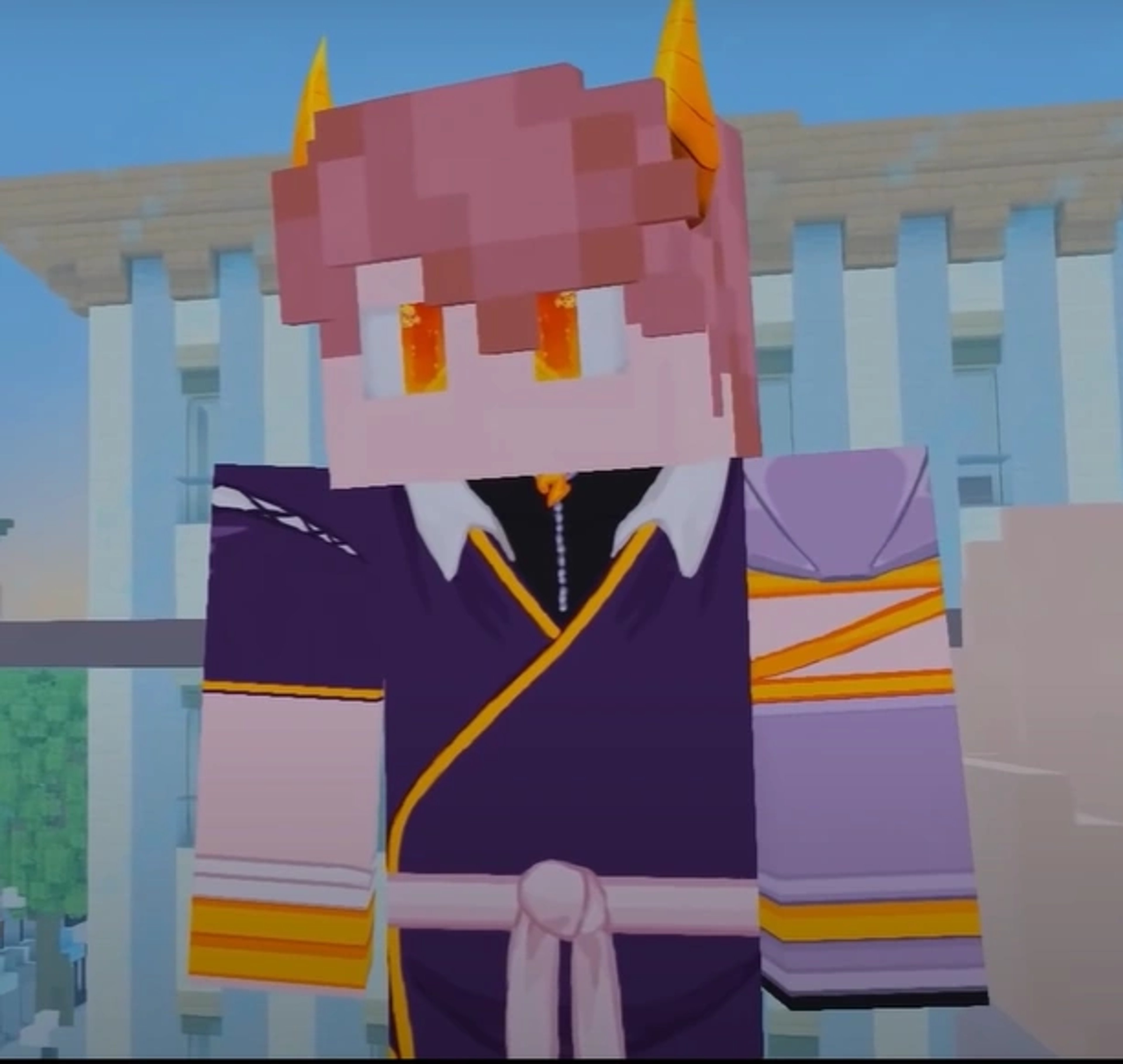 An anime-style character with pink hair wearing a purple robe or kimono