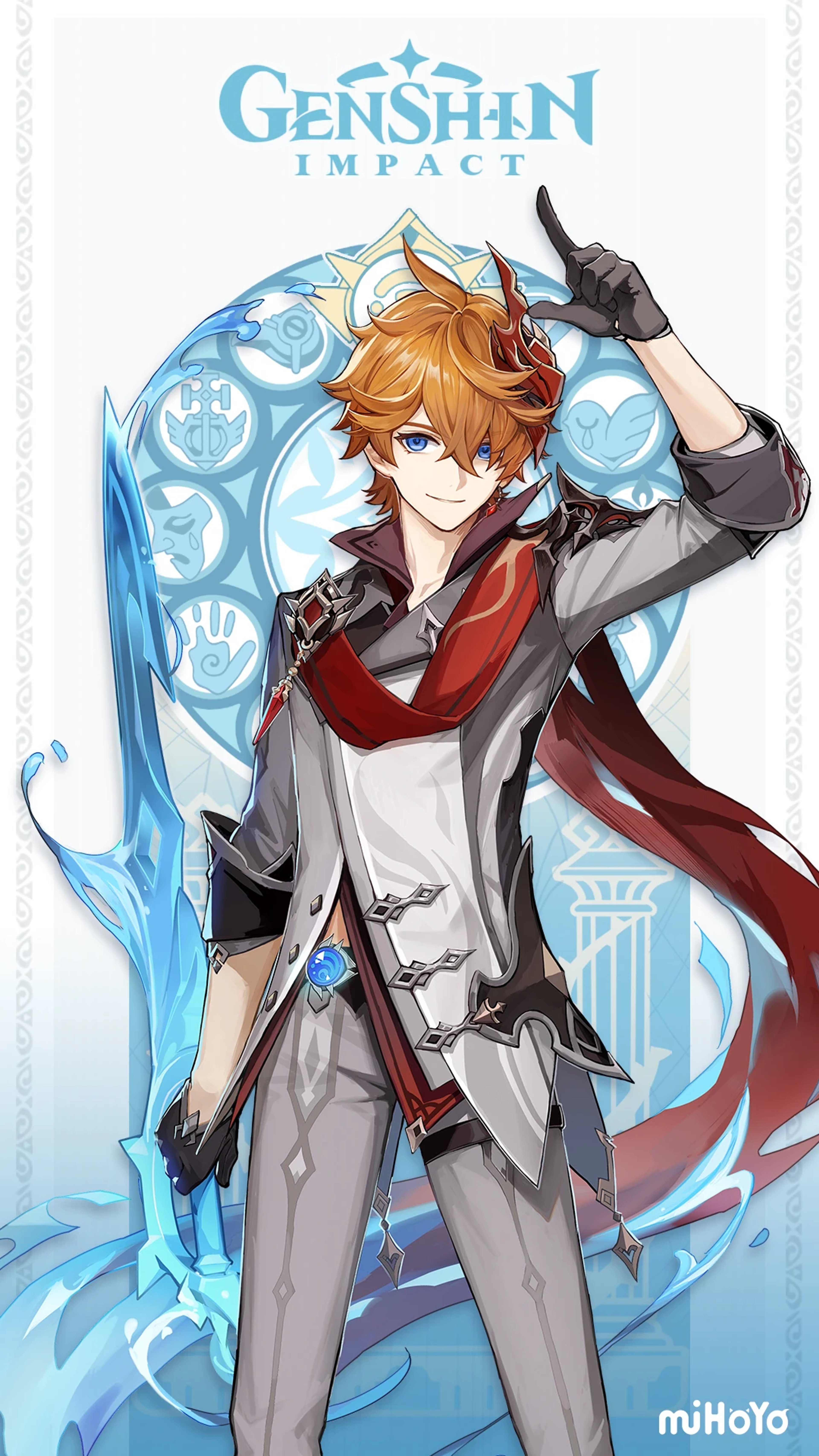 A young man with orange hair and a red scarf, wielding blue energy powers in a fantasy landscape