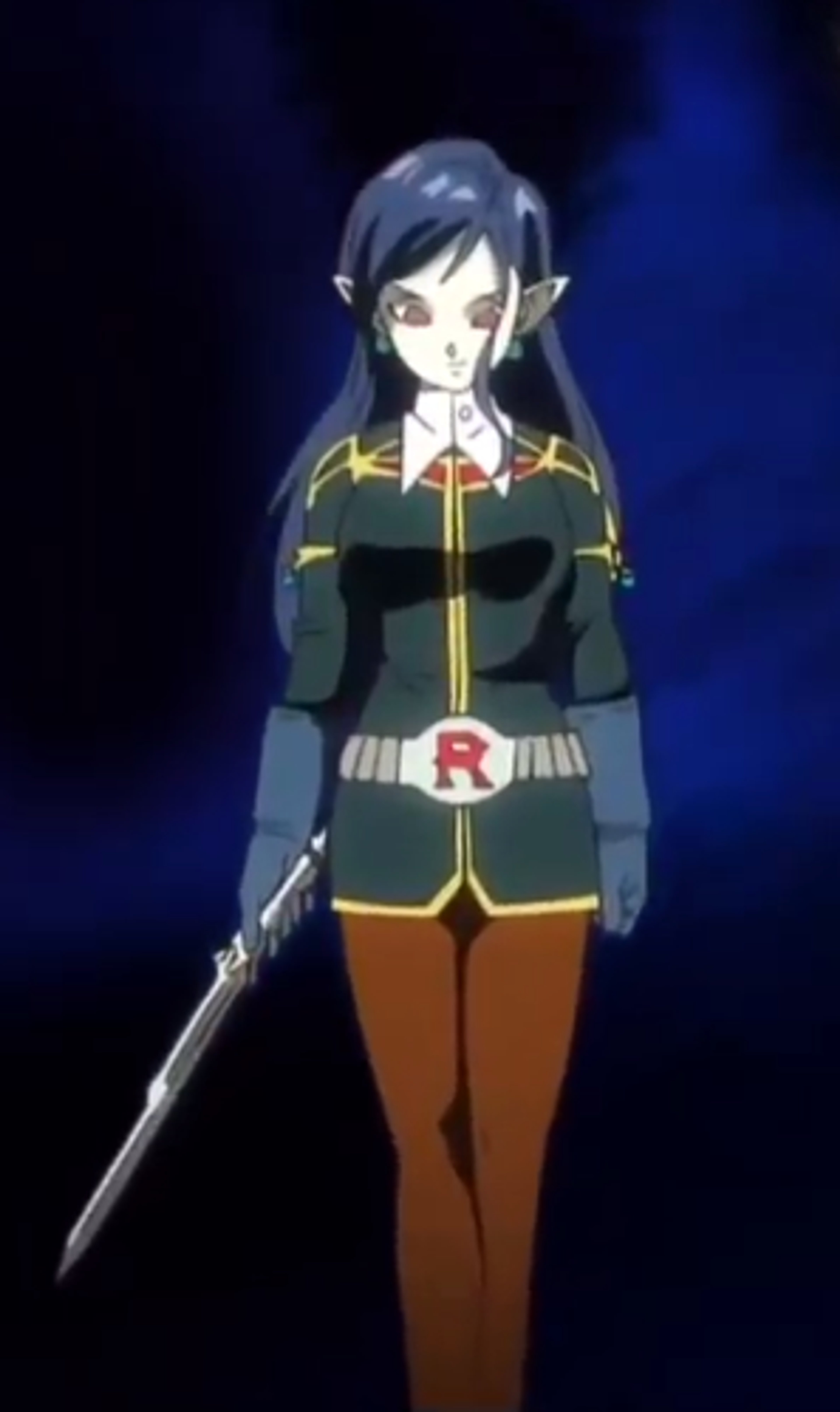 A female character with pale green skin, red eyes, and long blue hair wearing a teal and gold outfit.