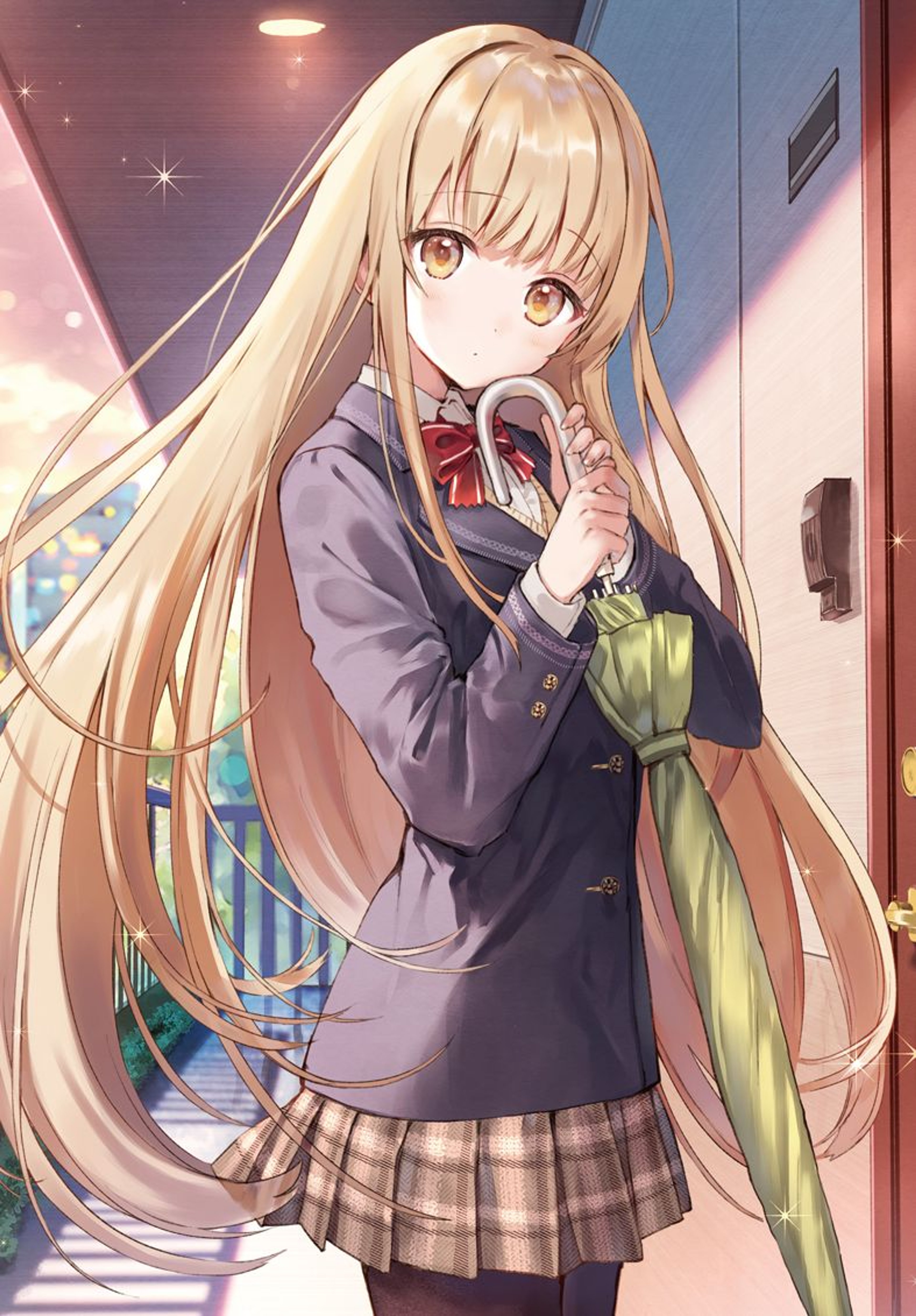 A young woman with long blonde hair and an angelic appearance in a school uniform.