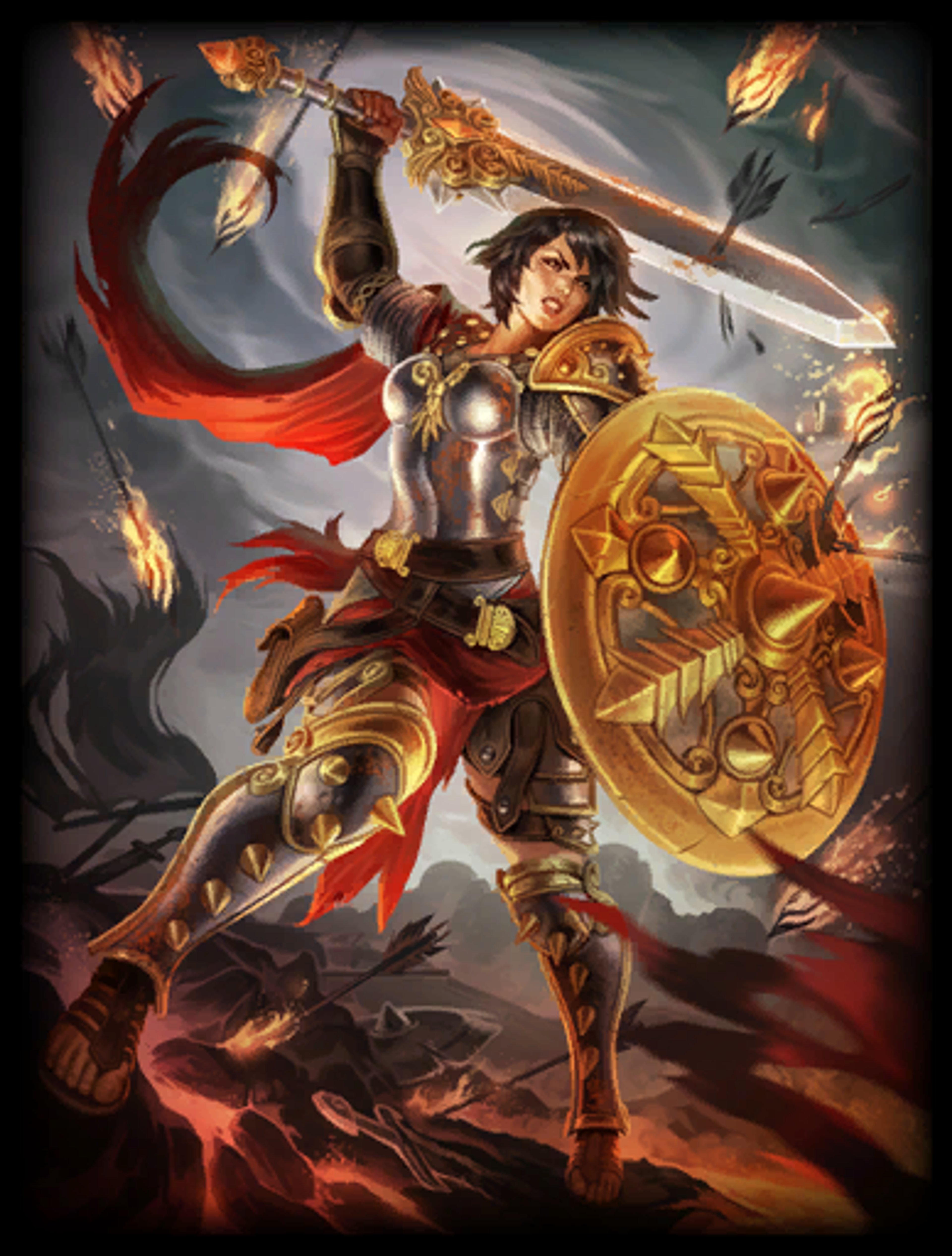 A powerful female warrior goddess wielding weapons in a chaotic battle scene