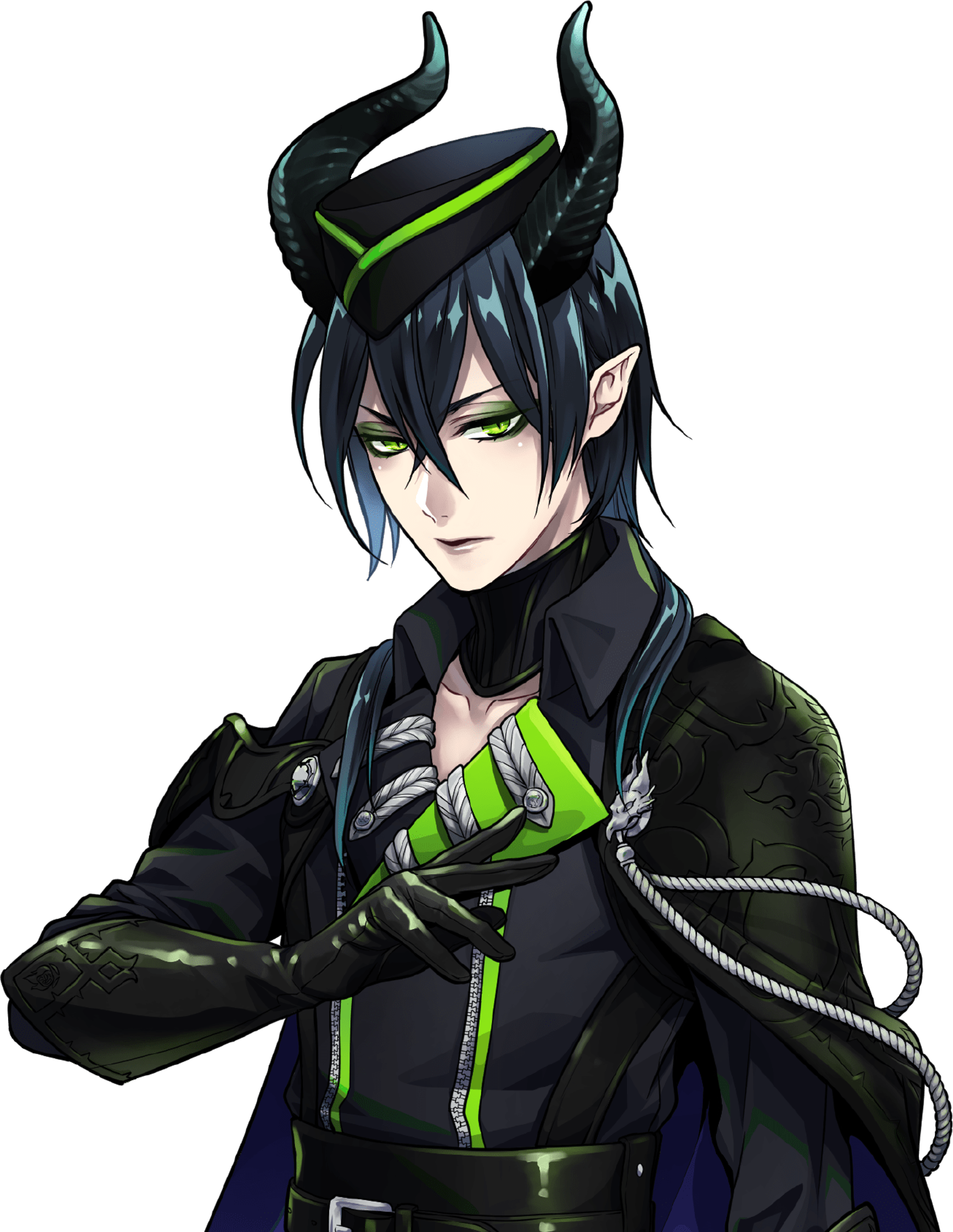 A character with dark horned hair wearing a black and green outfit