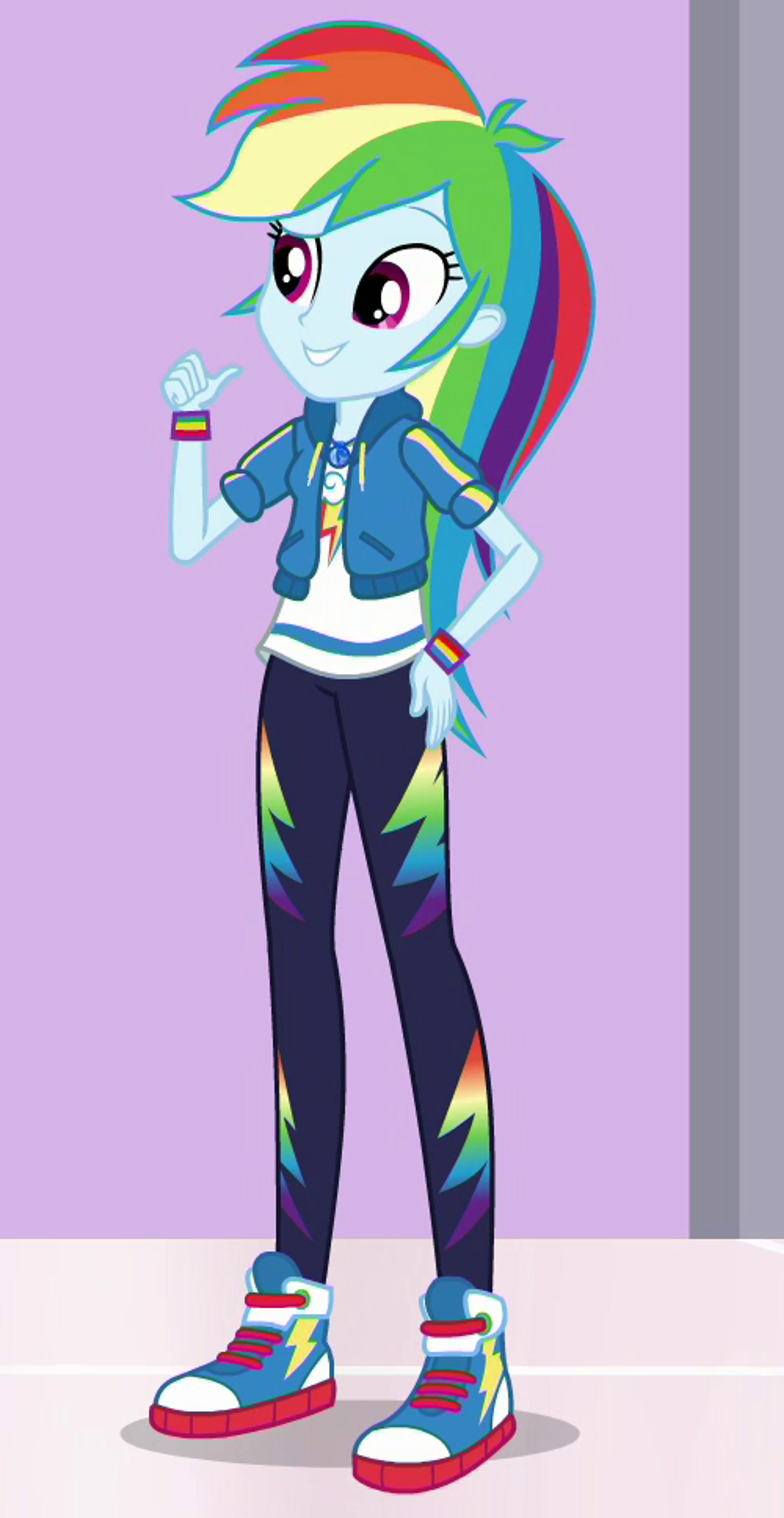 A cartoon character with rainbow-colored hair, an athletic build, and wearing a blue jacket, black pants, and red and white sneakers.