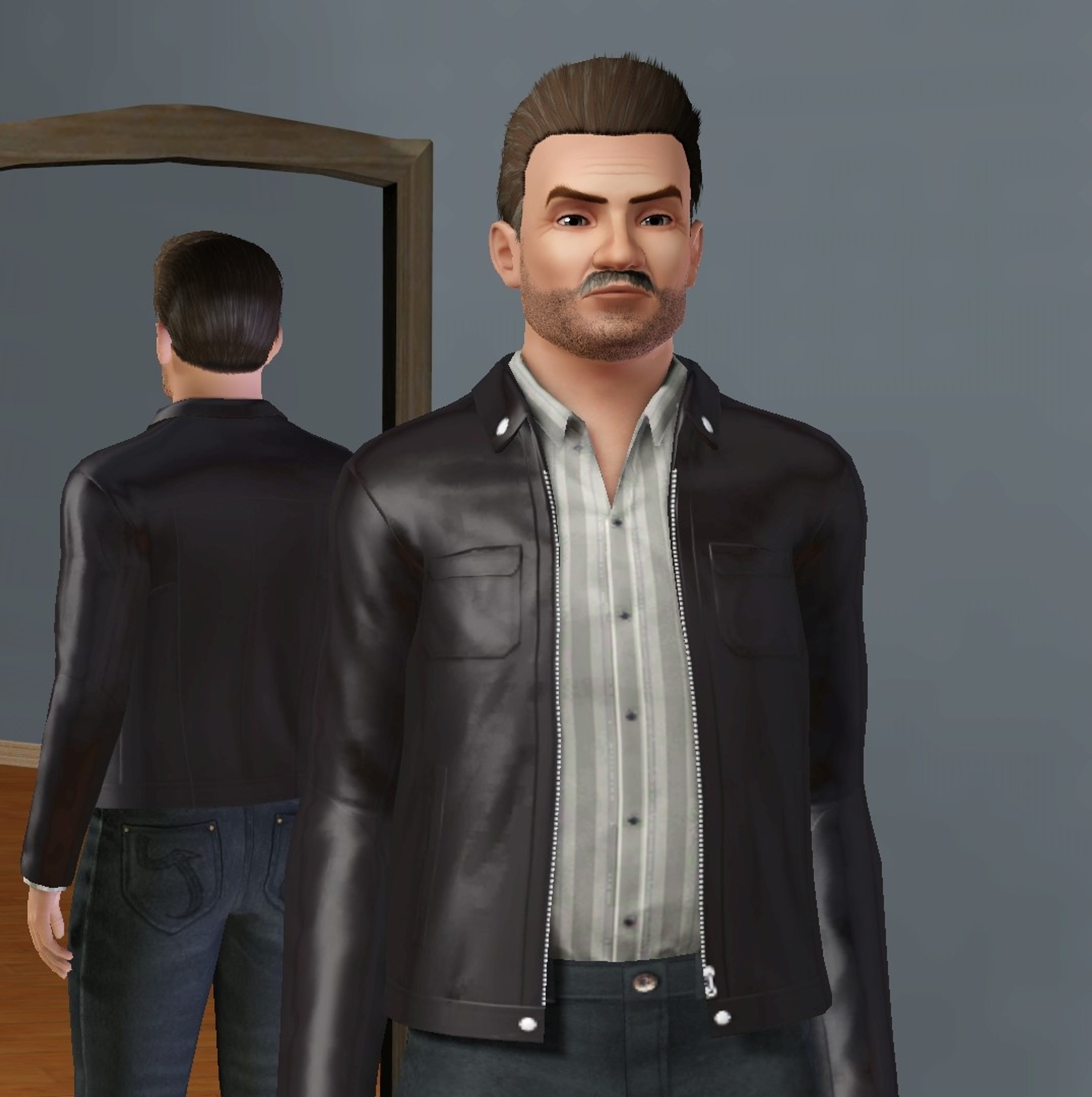 A man in a black leather jacket and white shirt with a serious expression