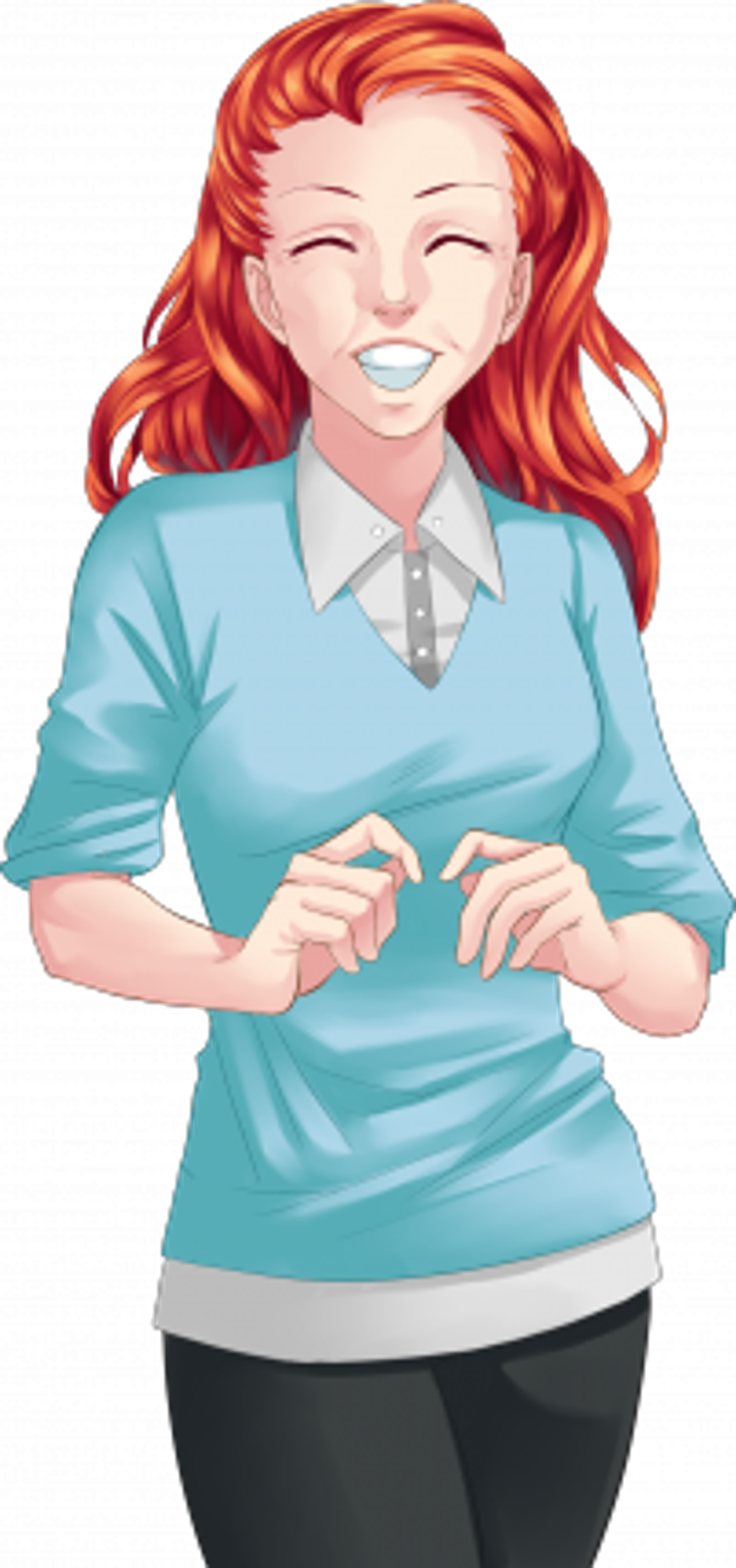 A cheerful woman with orange hair wearing a light blue shirt