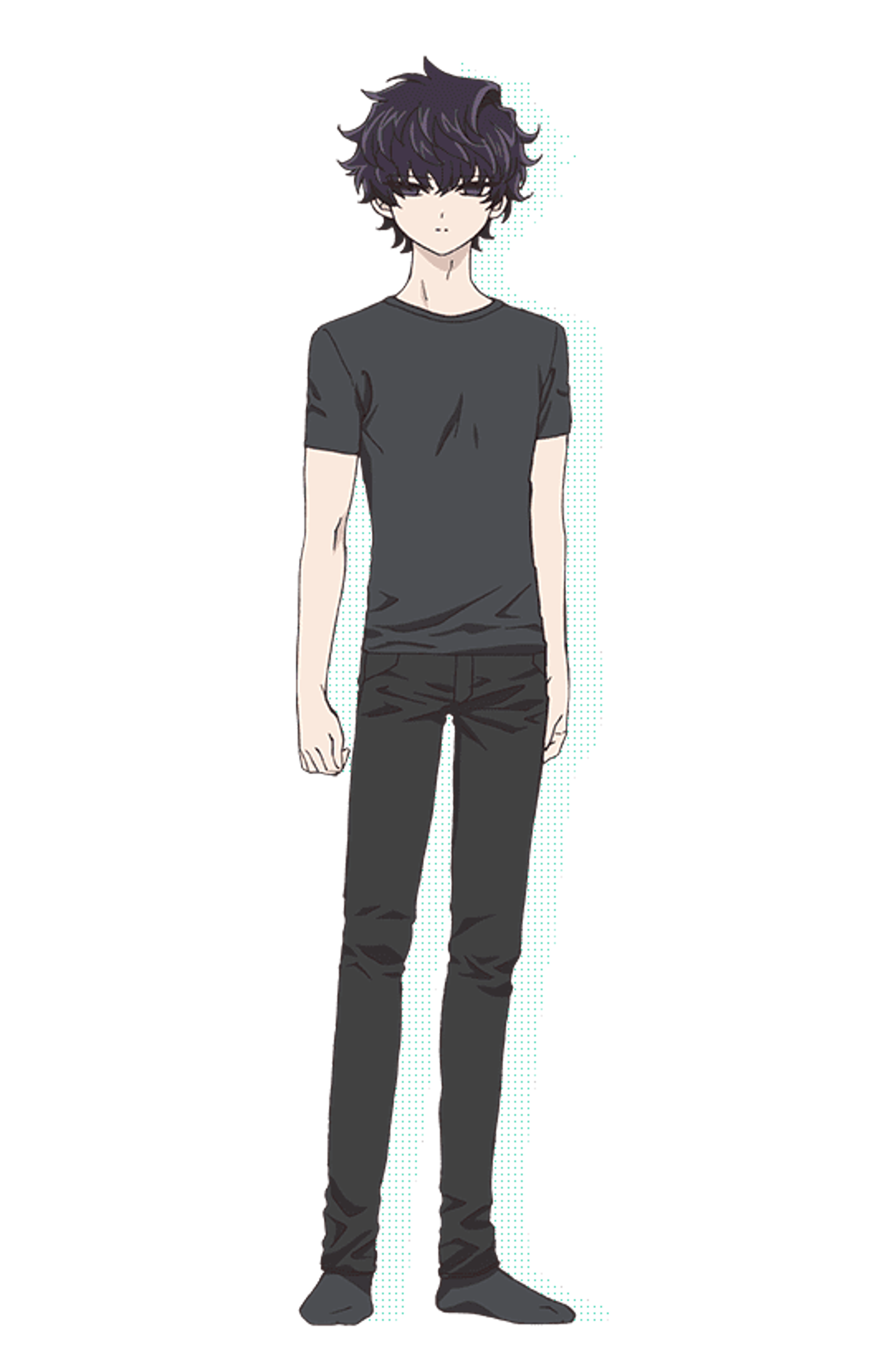 An anime-style character with dark hair and a serious expression, wearing a black t-shirt and dark pants.