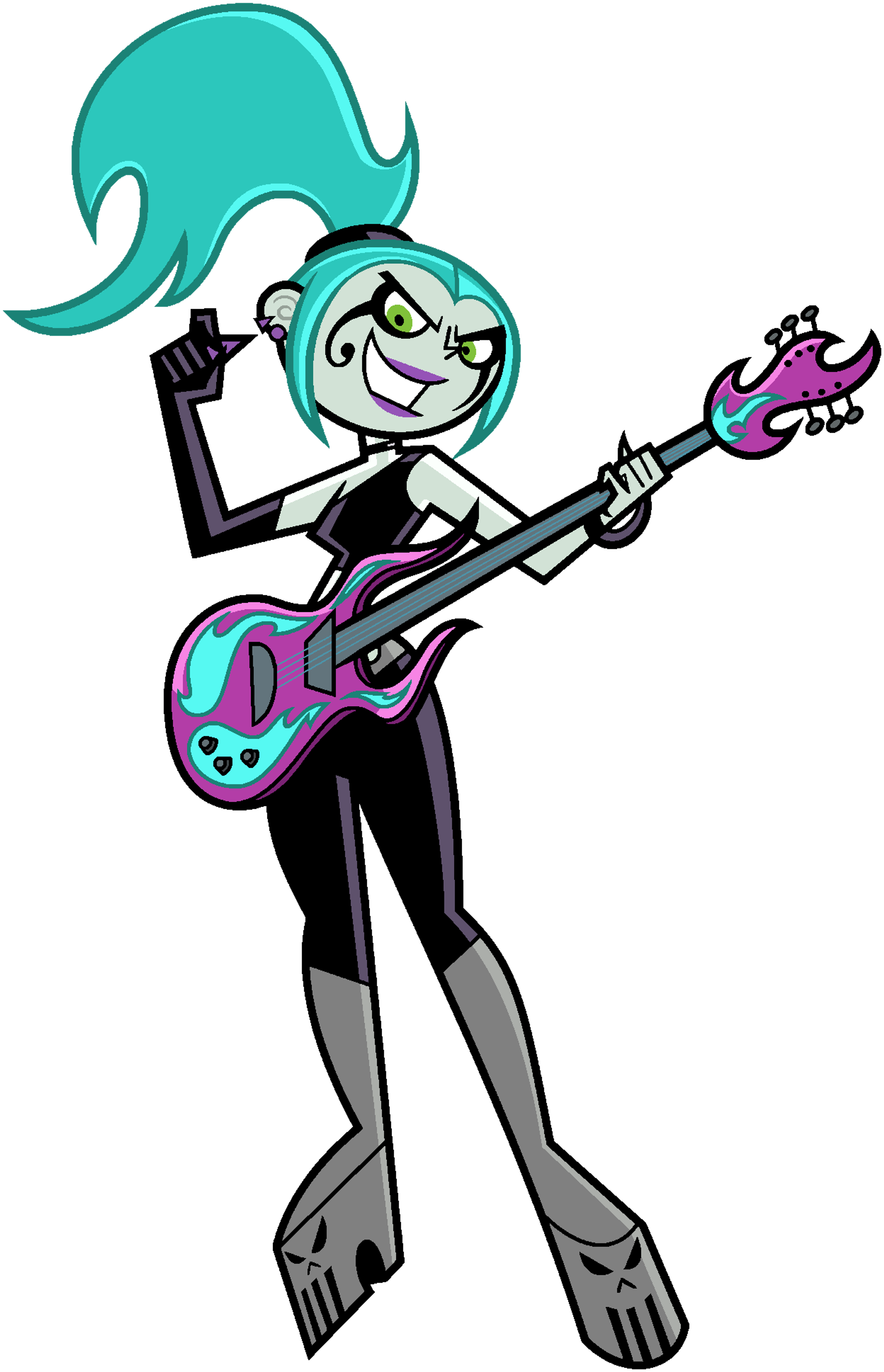 A ghostly female rock star character with teal hair and a punk-inspired look, holding an electric guitar.