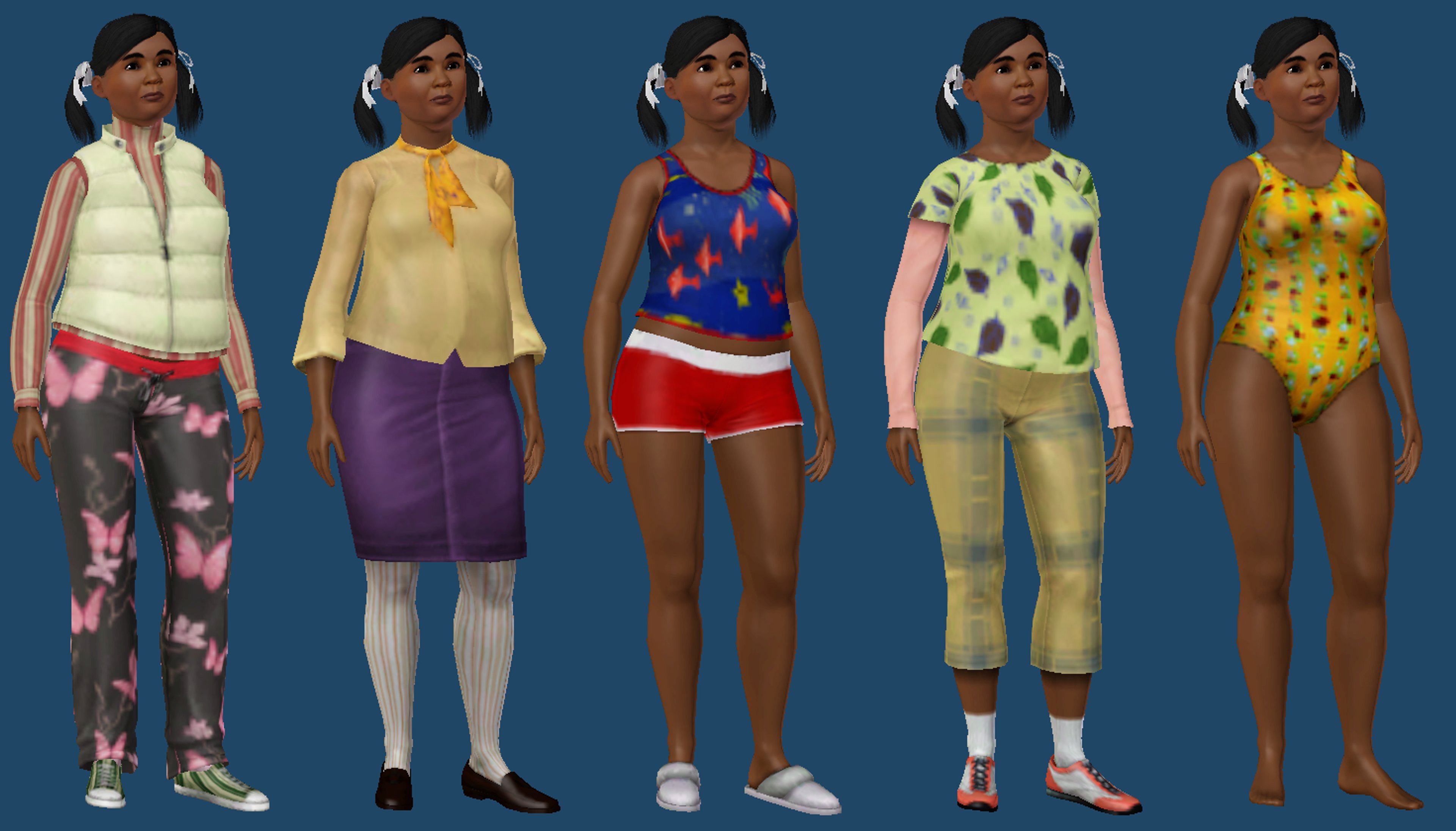 A group of five diverse young female characters in colorful, patterned outfits.