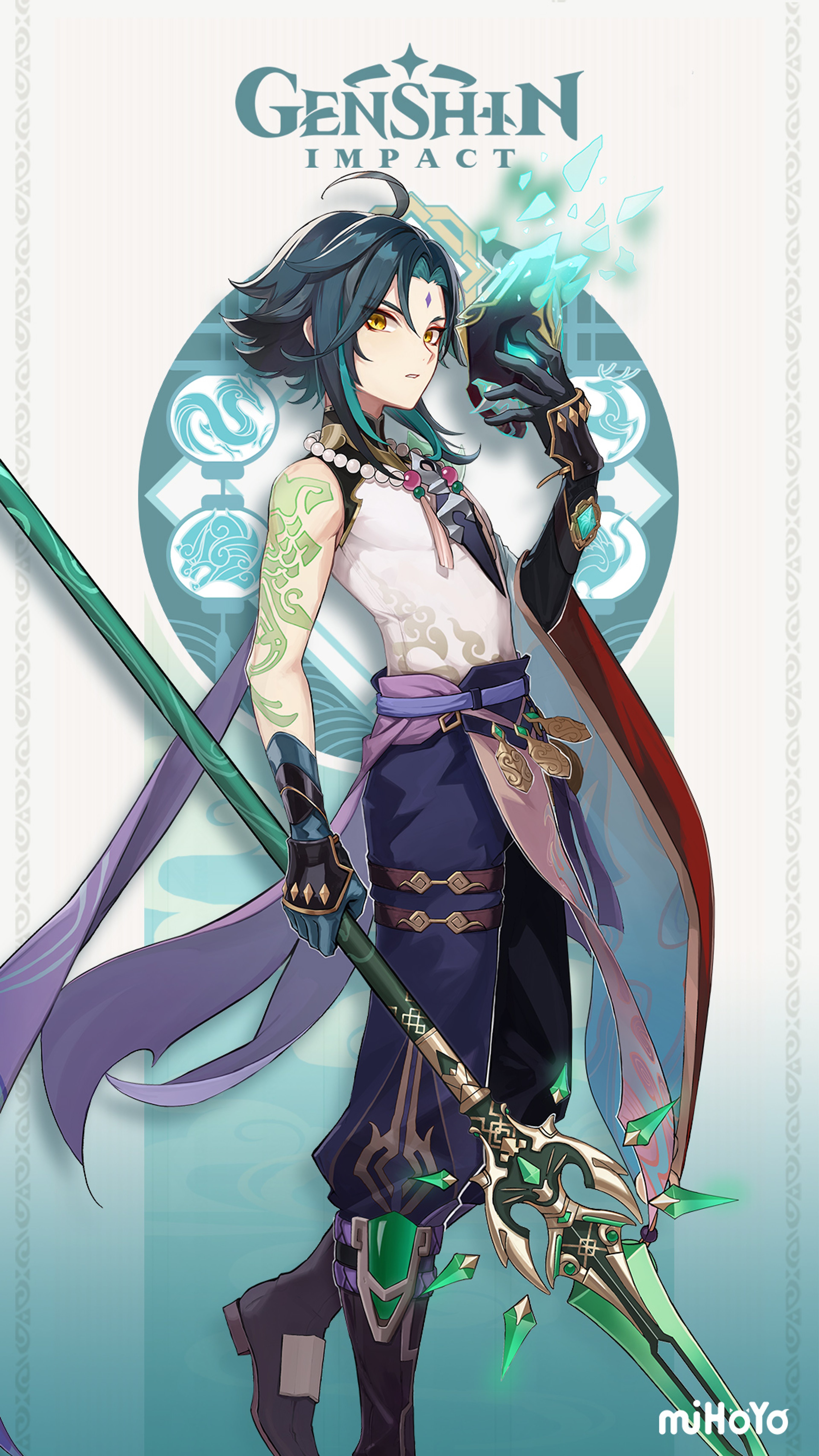 A female anime-style character with dark hair holding a spear-like weapon