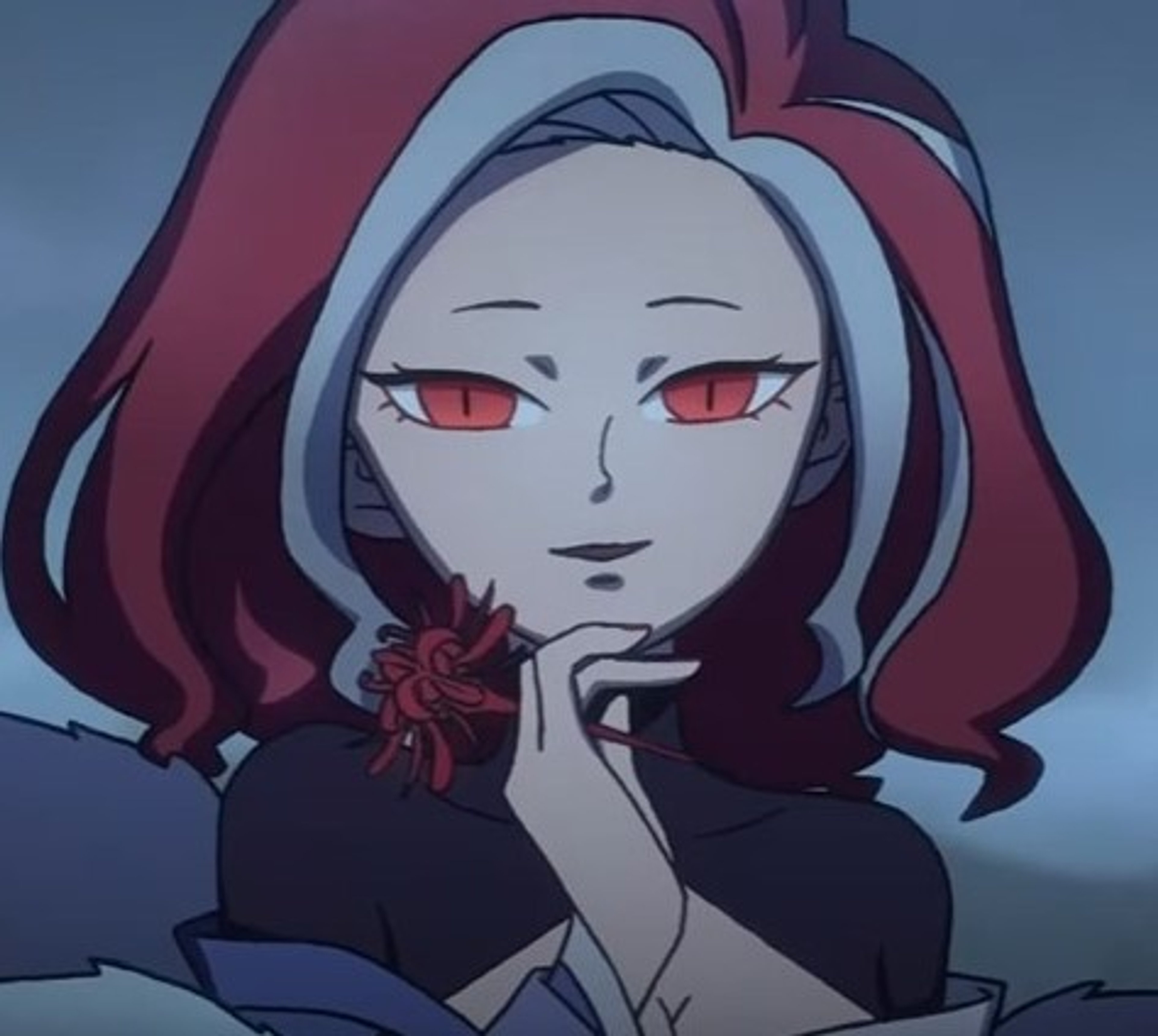 A woman with dark red hair and intense red eyes wearing a black outfit