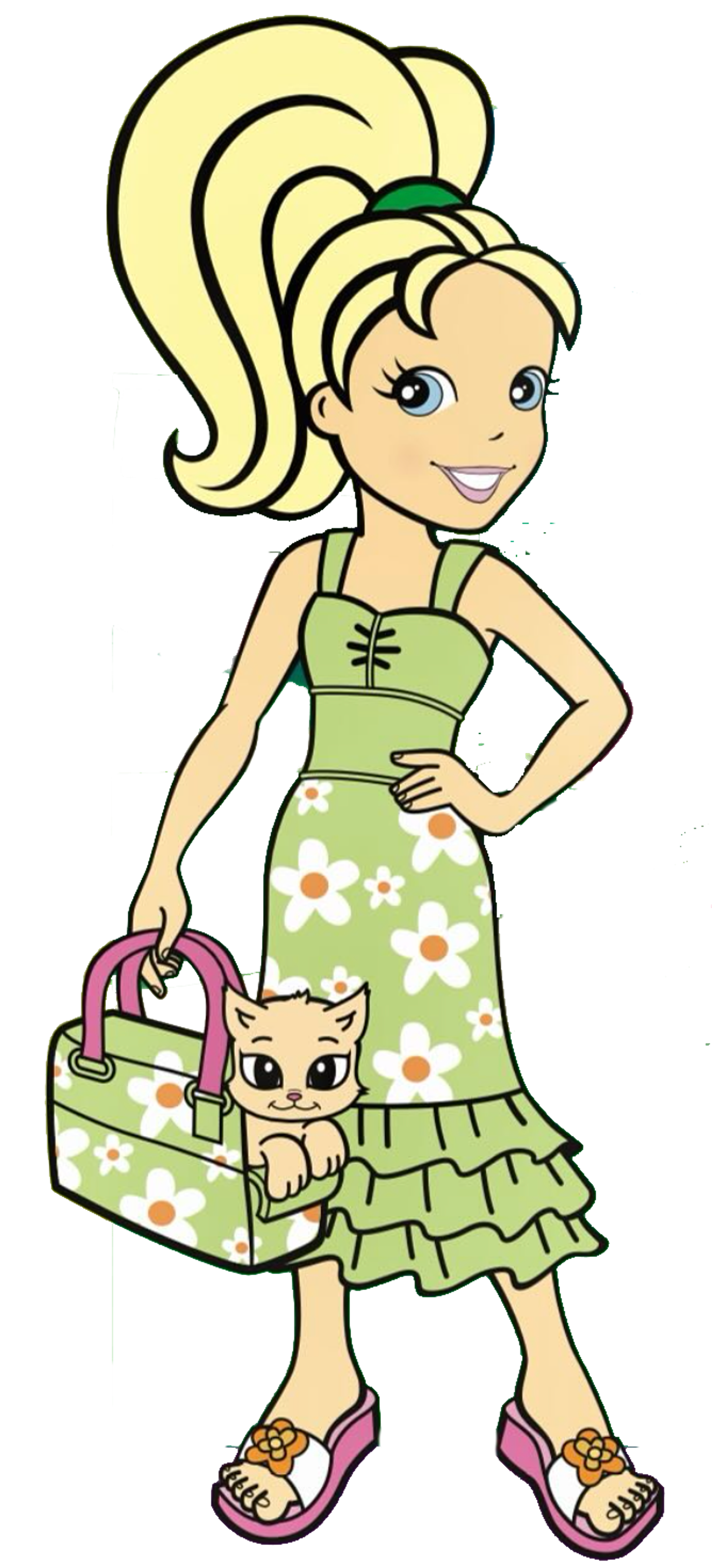 A young girl with blonde hair and a green floral dress holding a small cat