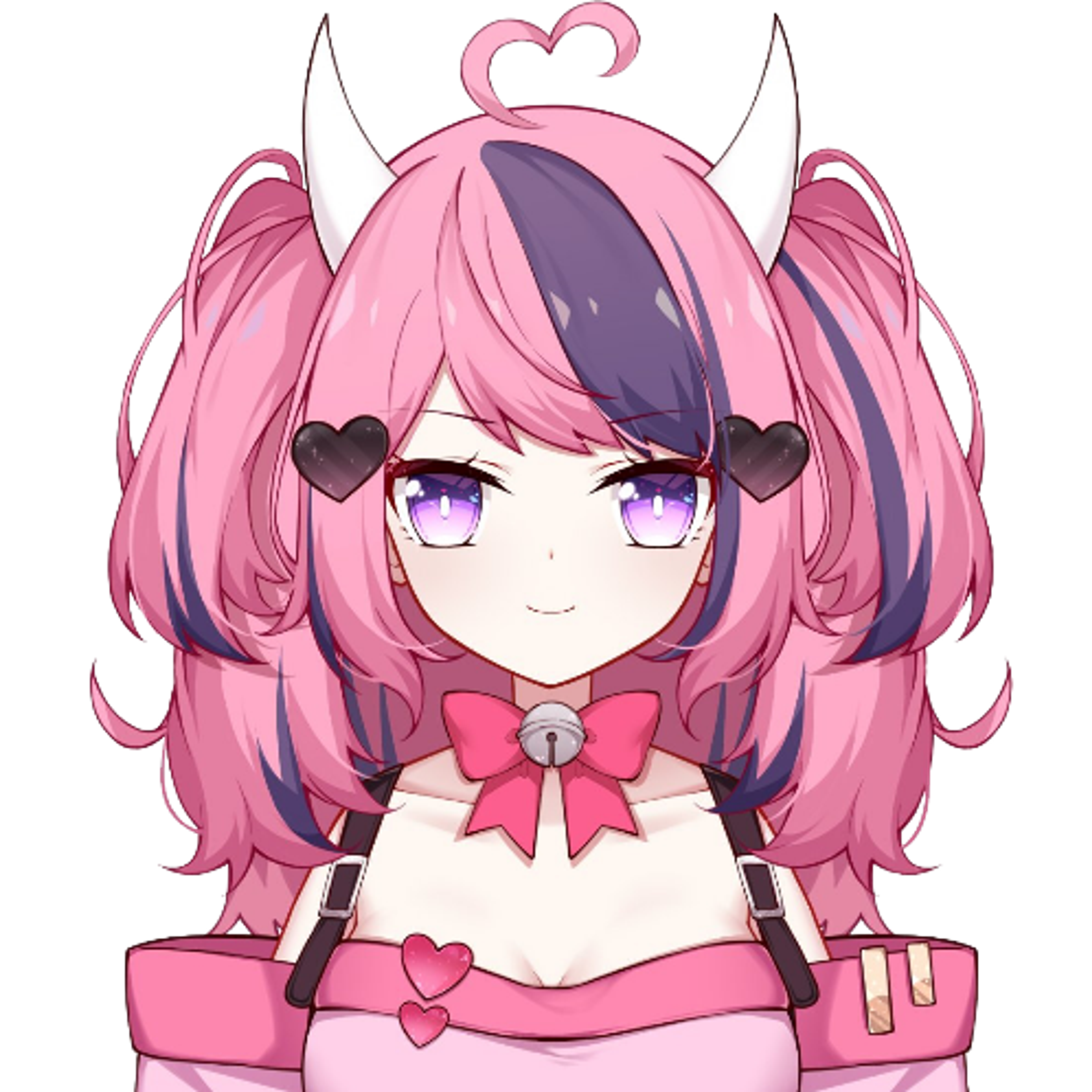 An anime-style character with pink and purple twin-tailed hair, wearing a pink and white outfit with a bow and heart-shaped accessories, and having a demonic or supernatural appearance with small horns.