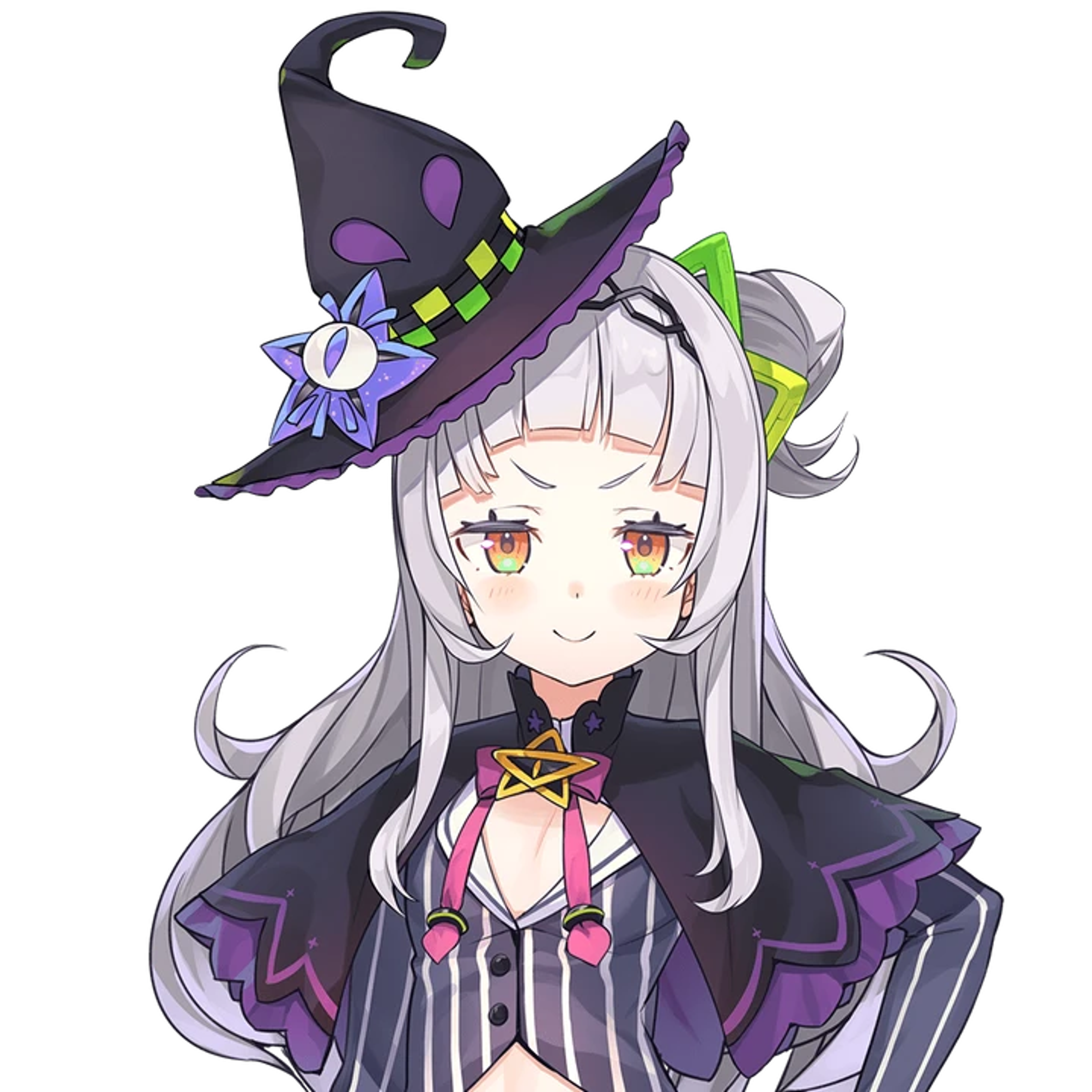 An anime-style character with long white hair, a witch hat, and a striped witch outfit, making a playful expression.