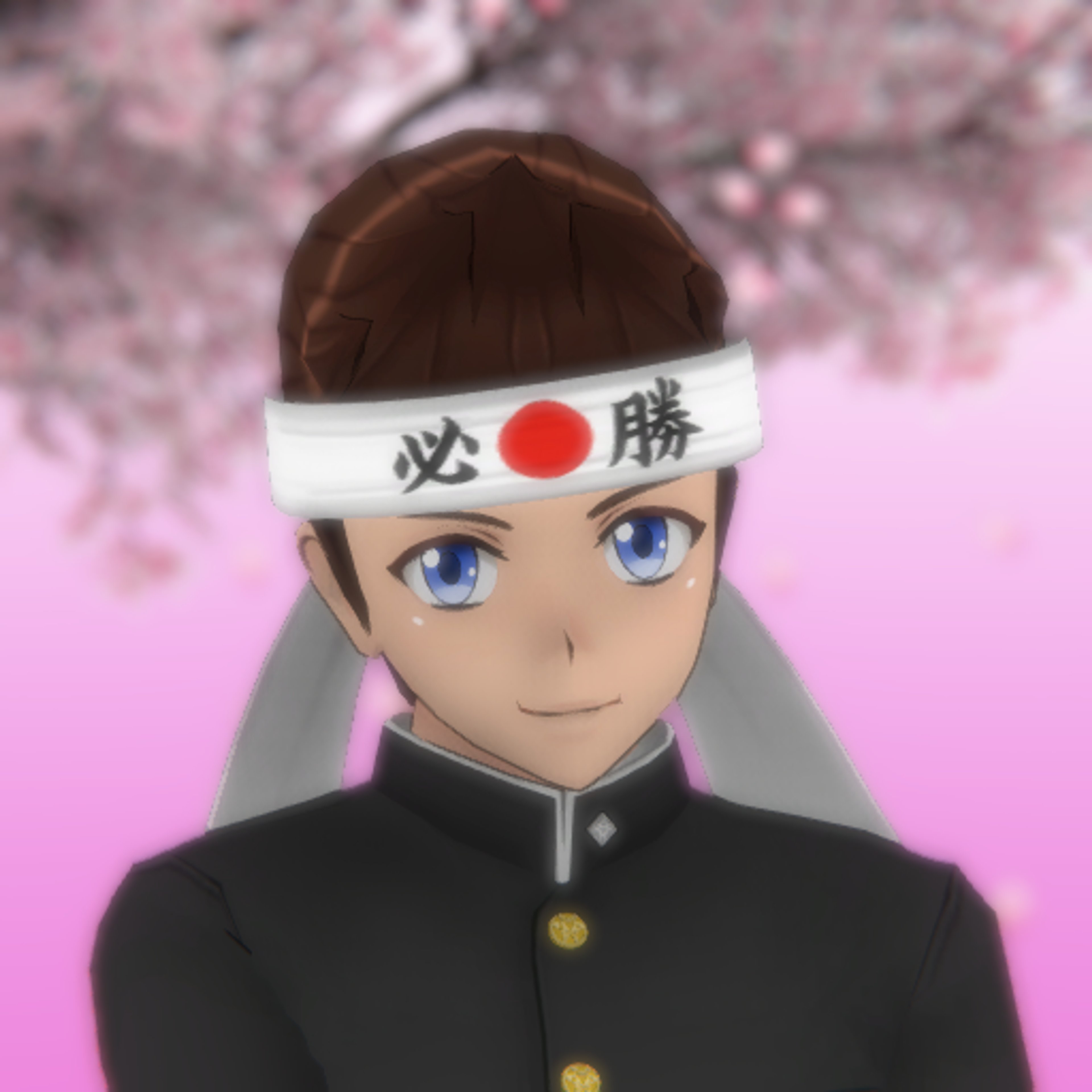 An anime-style character with short brown hair, blue eyes, and a white headband with the kanji for 'victory'.