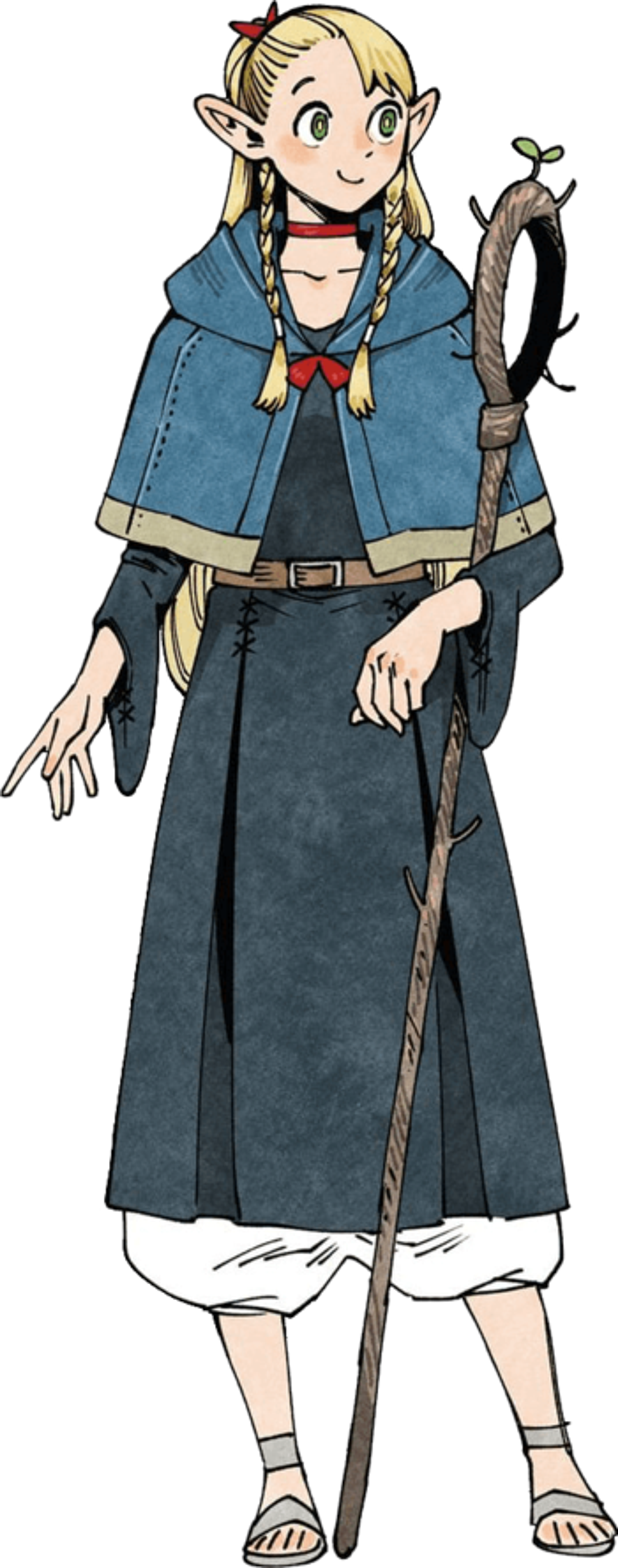 A half-elf female mage character with blonde hair, a blue cloak, and a wooden staff