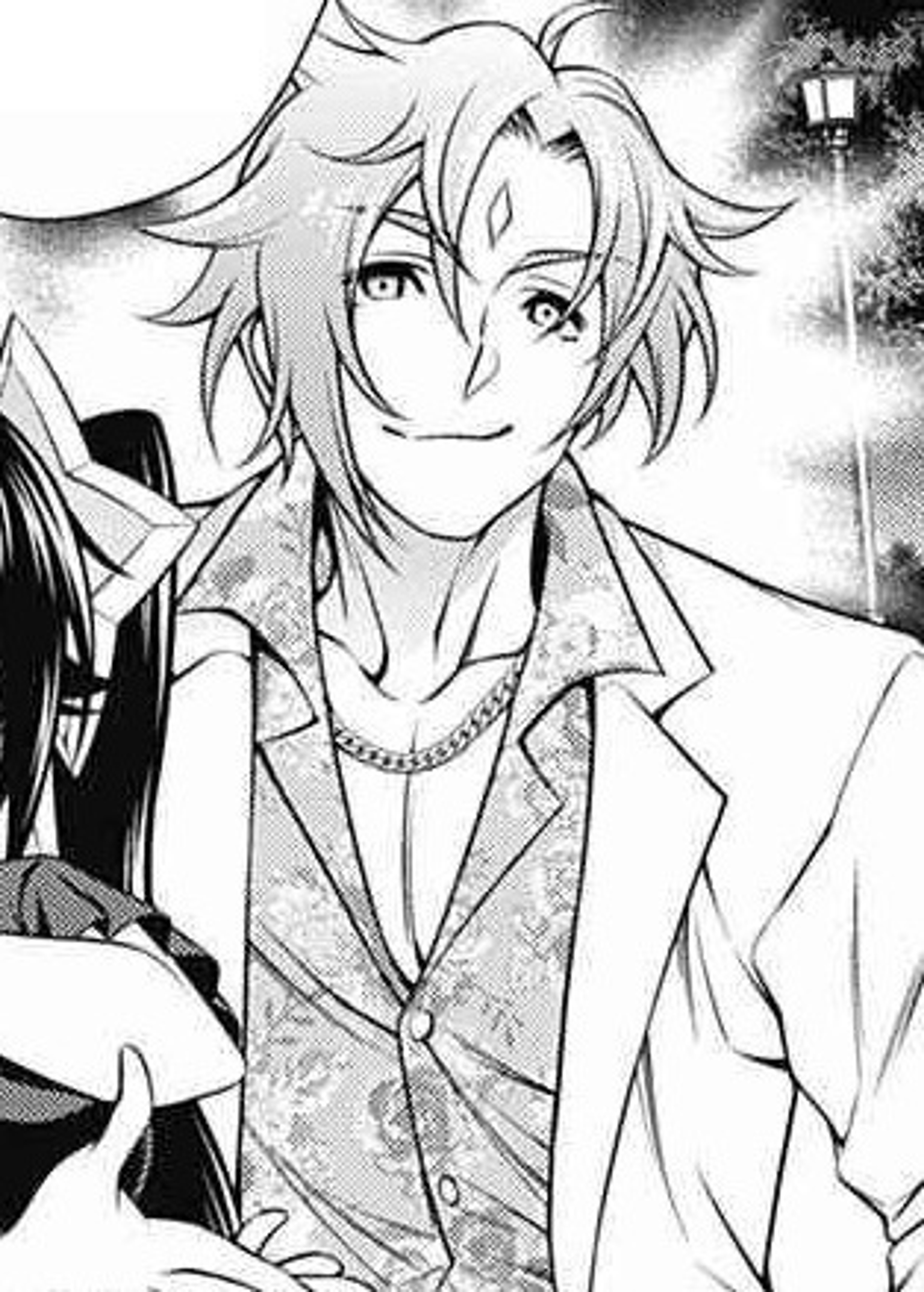 An anime-style character with blonde hair and blue eyes wearing a white suit jacket