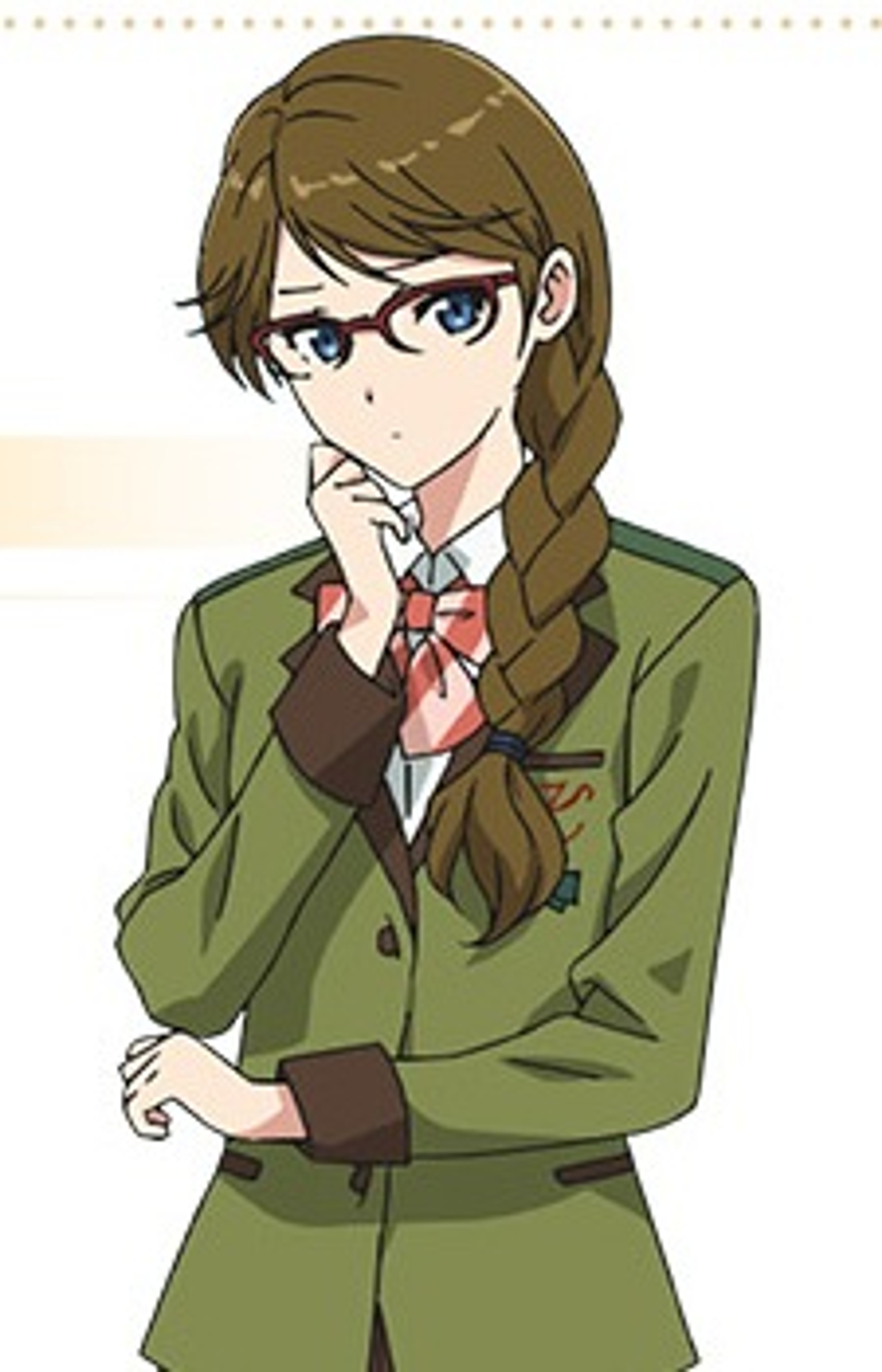 A young woman with long brown hair in a braid, wearing a green jacket and red tie, with a serious expression.