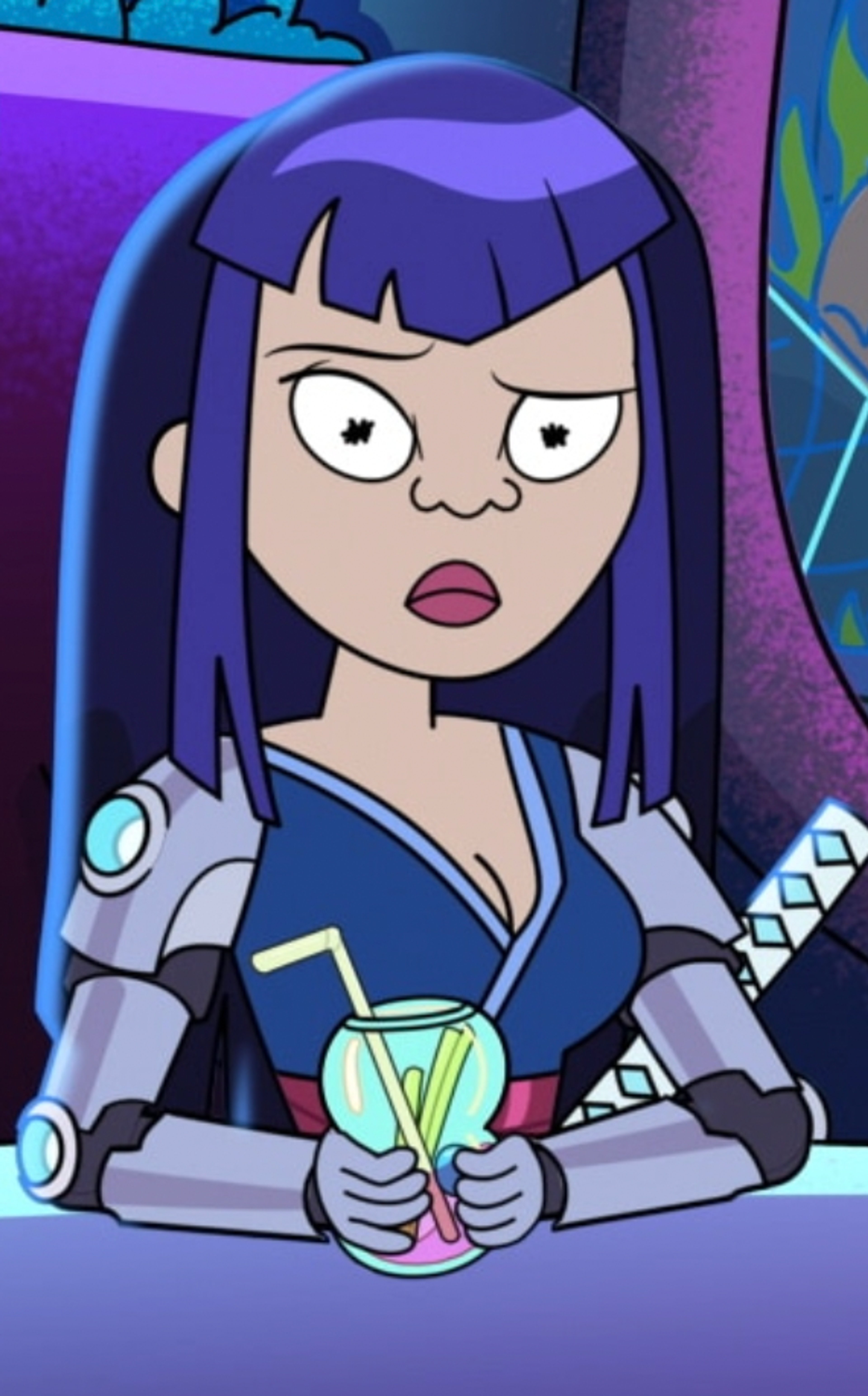 An anime-style character with cybernetic limbs wearing a purple ninja outfit