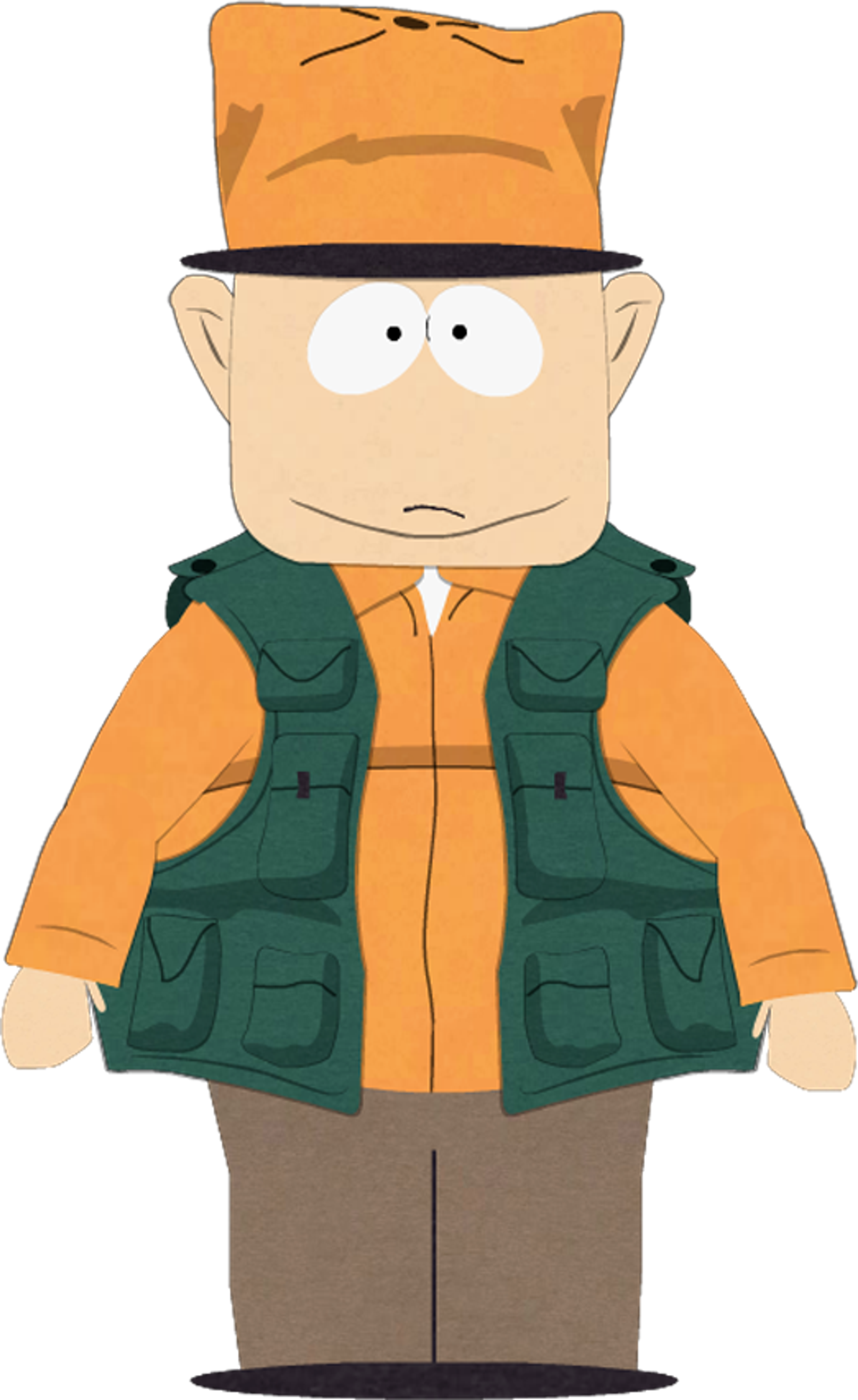 An animated character named Jimbo Kern, Stan Marsh's uncle, wearing a green military-style vest and hat