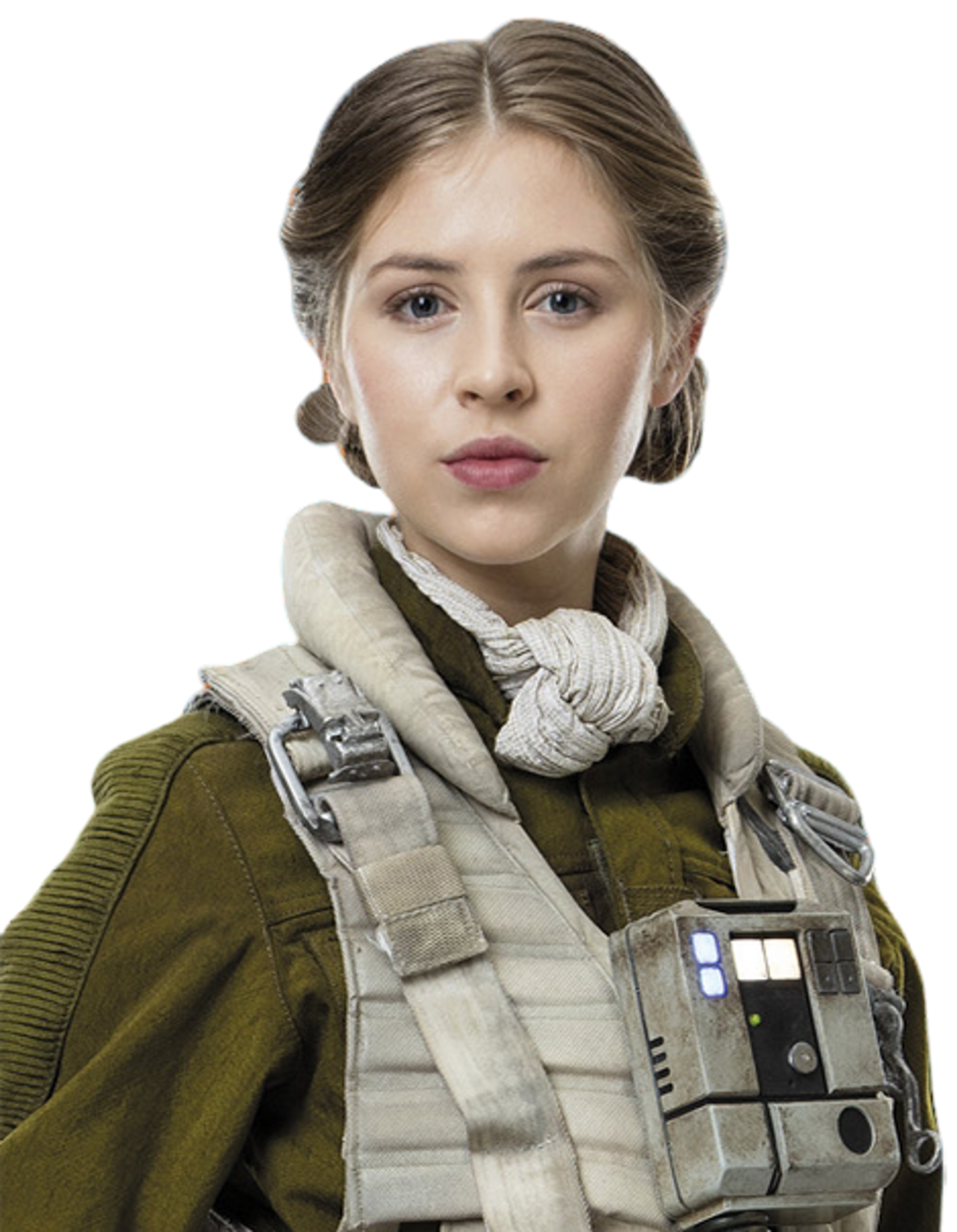 A young female Resistance pilot with blonde hair and blue eyes, wearing a green military jacket.