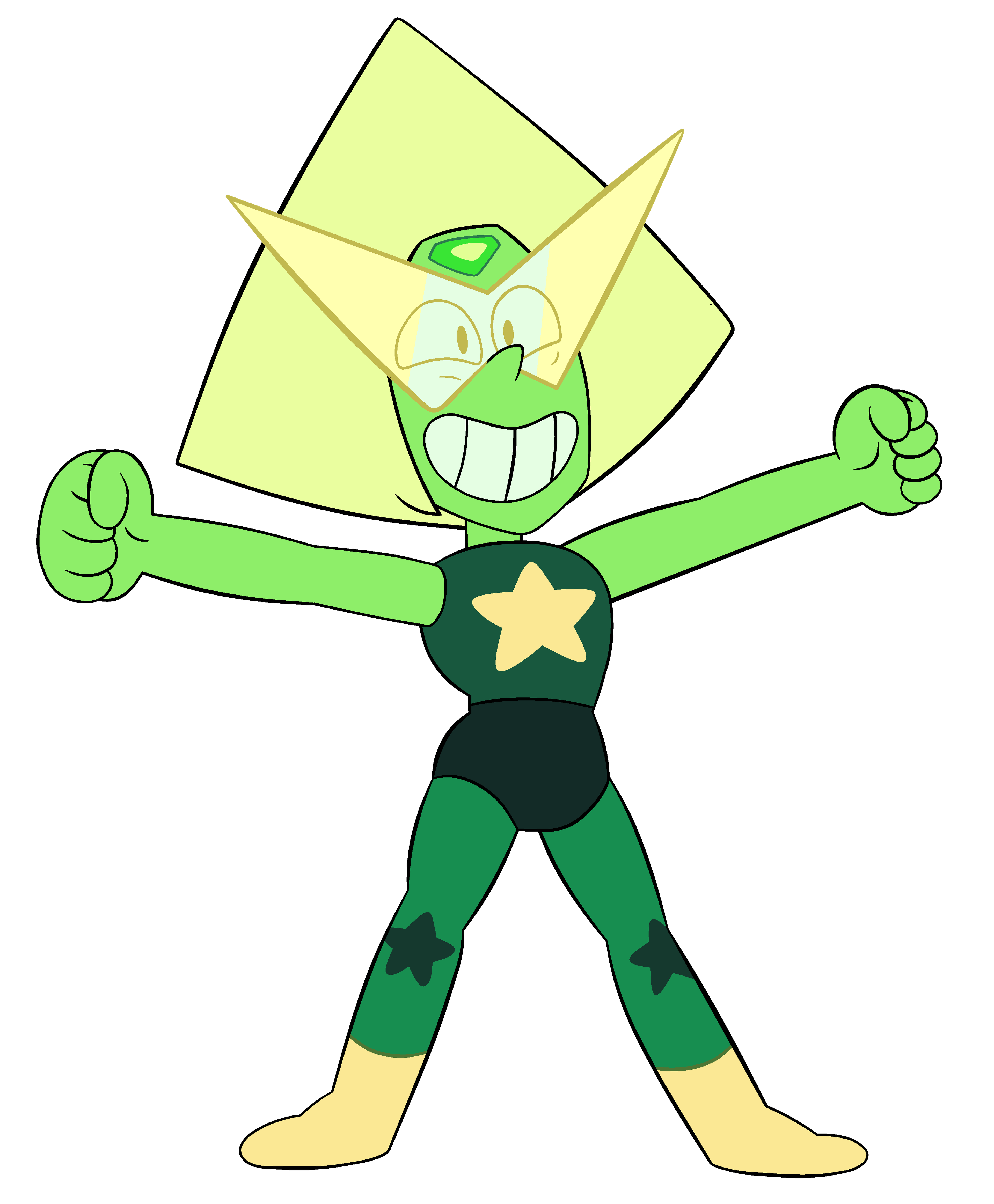 A cartoon character named Peridot, a green-colored humanoid alien with a triangular head and wide grin, wearing a black bodysuit with a yellow star symbol.