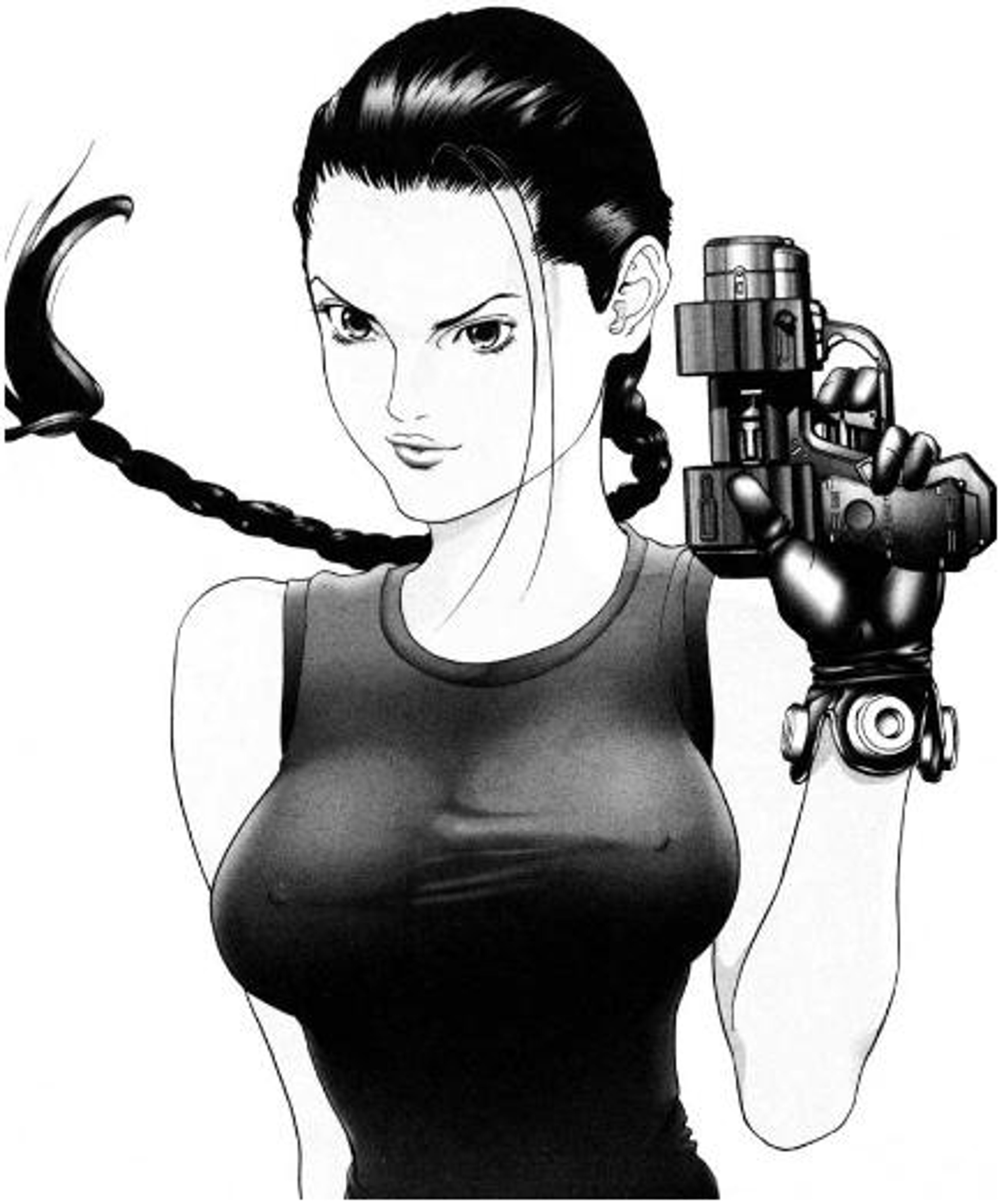 A confident, skilled woman with long black hair in a braid, holding a futuristic weapon.