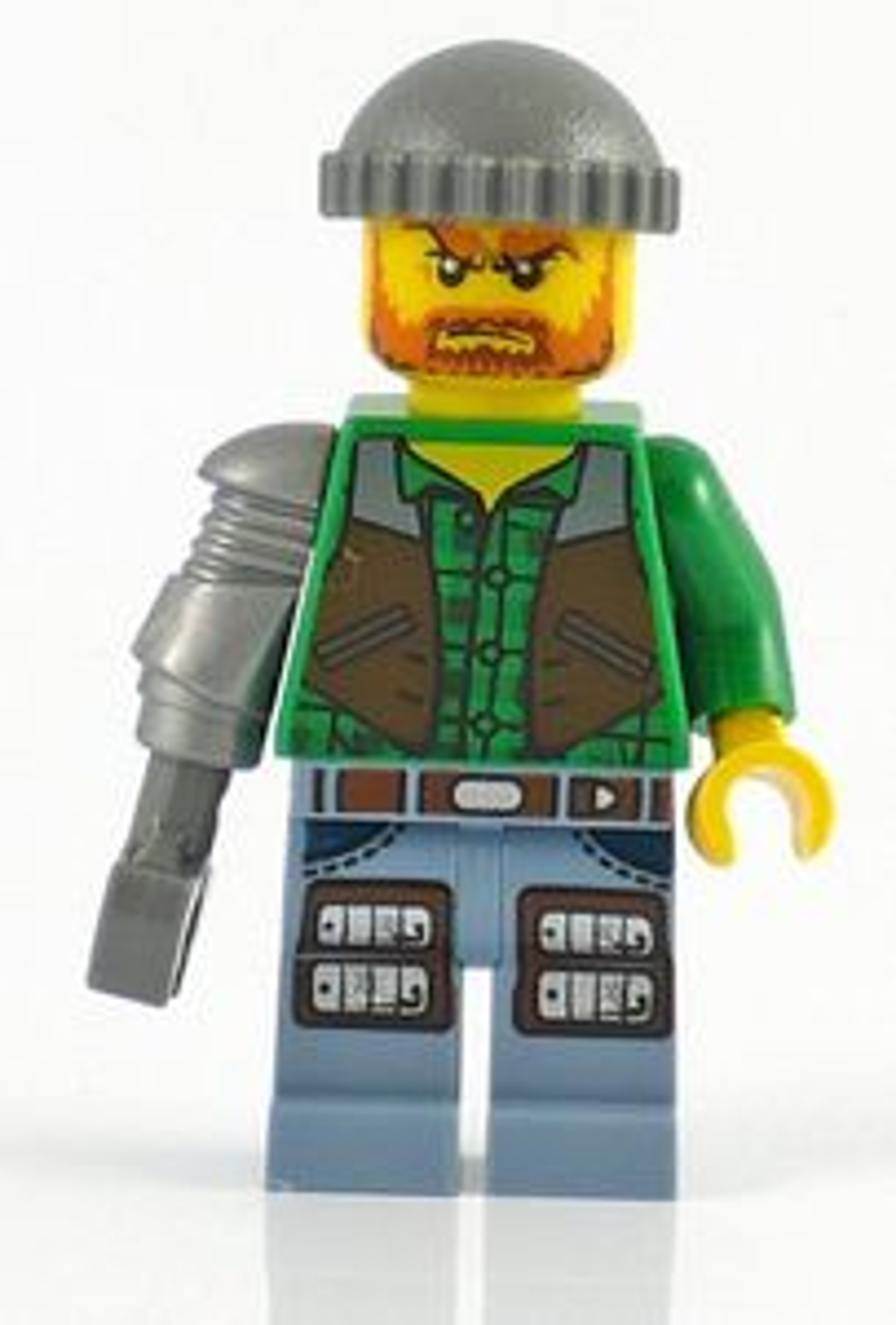 A Lego minifigure character with a mechanical arm and a large hammer