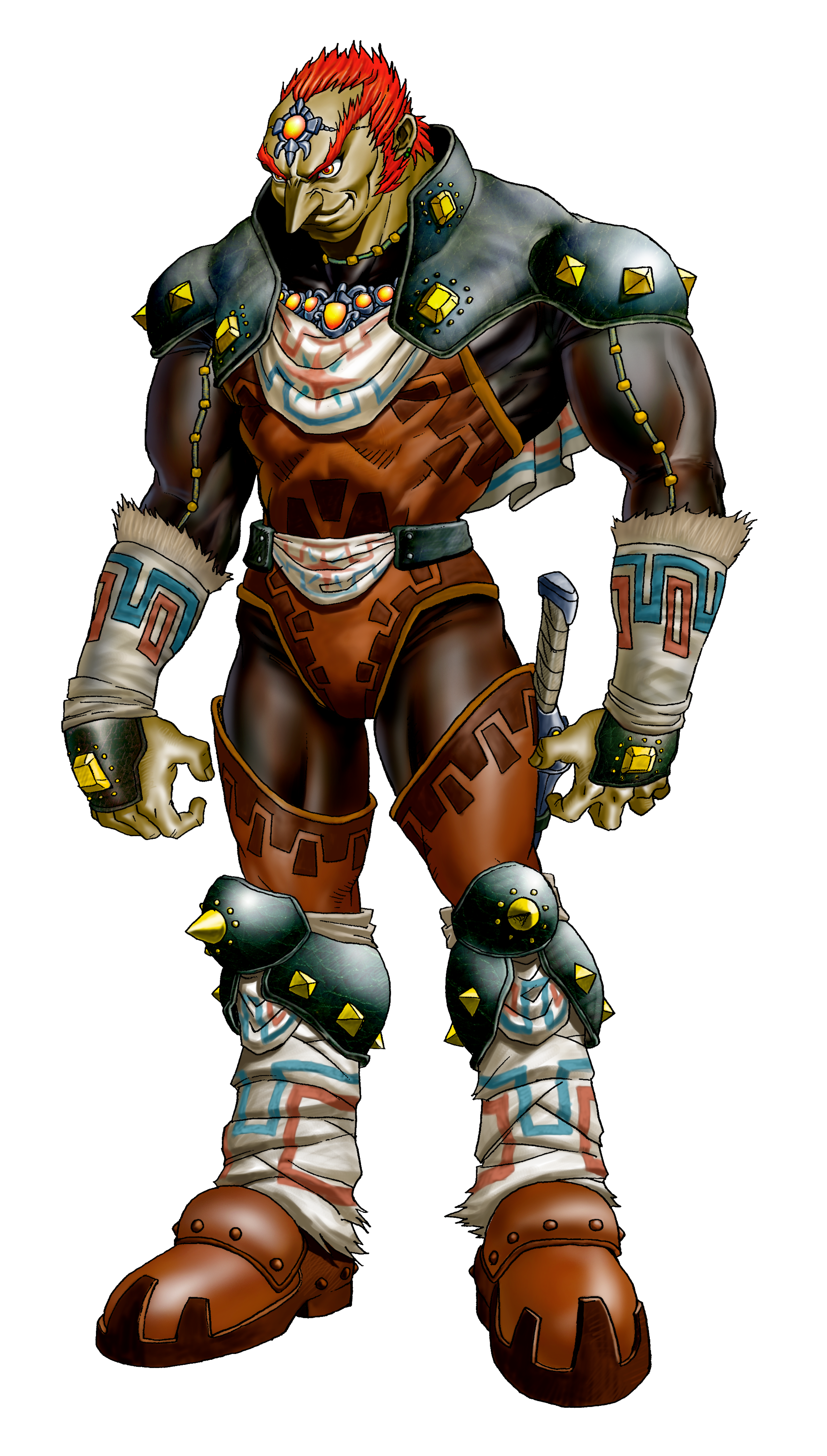 A powerful, muscular male character with red hair and a fierce expression, wearing a dark outfit with tribal-inspired designs and armor.