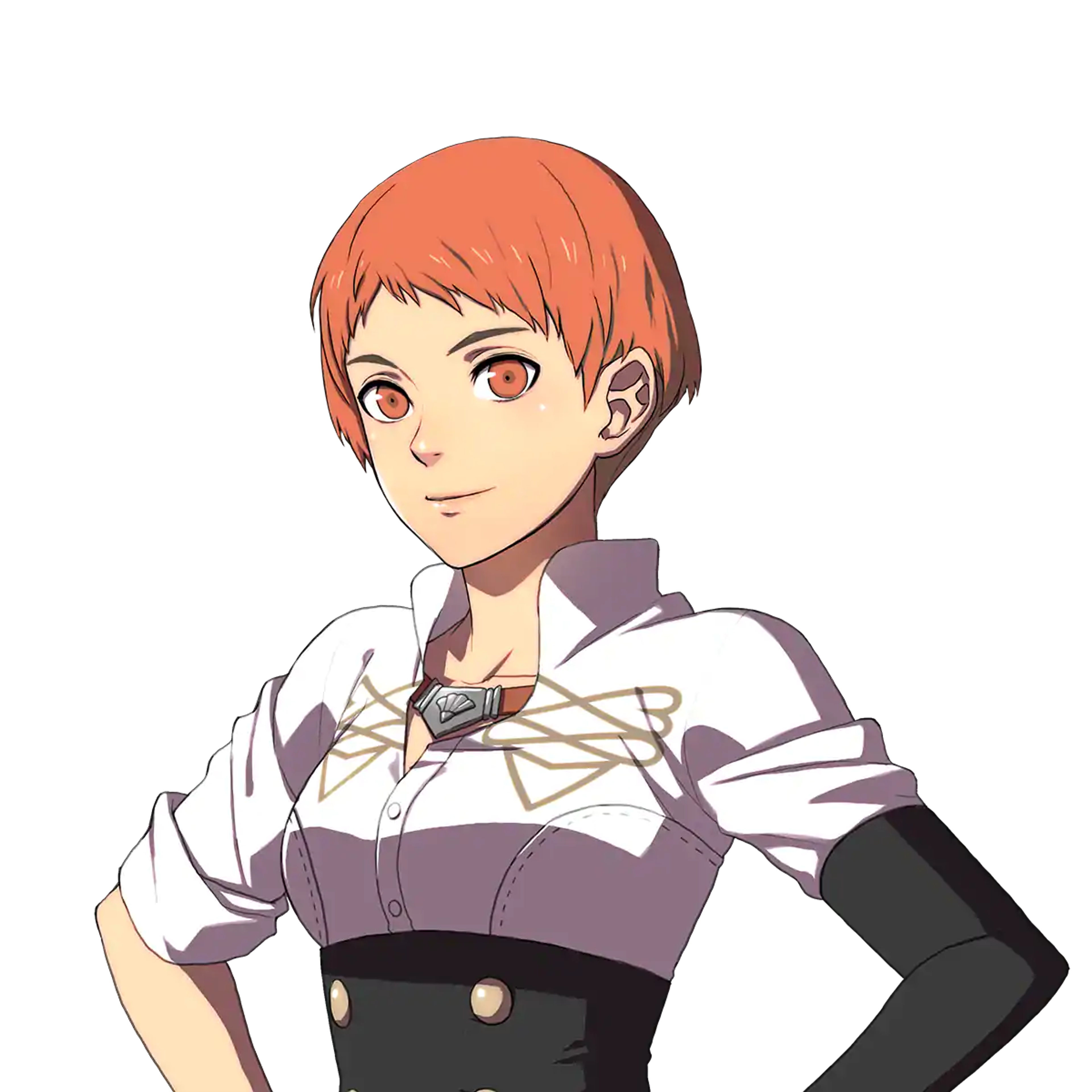 A young woman with short, reddish-orange hair in a ponytail wearing a white shirt and black corset-style top