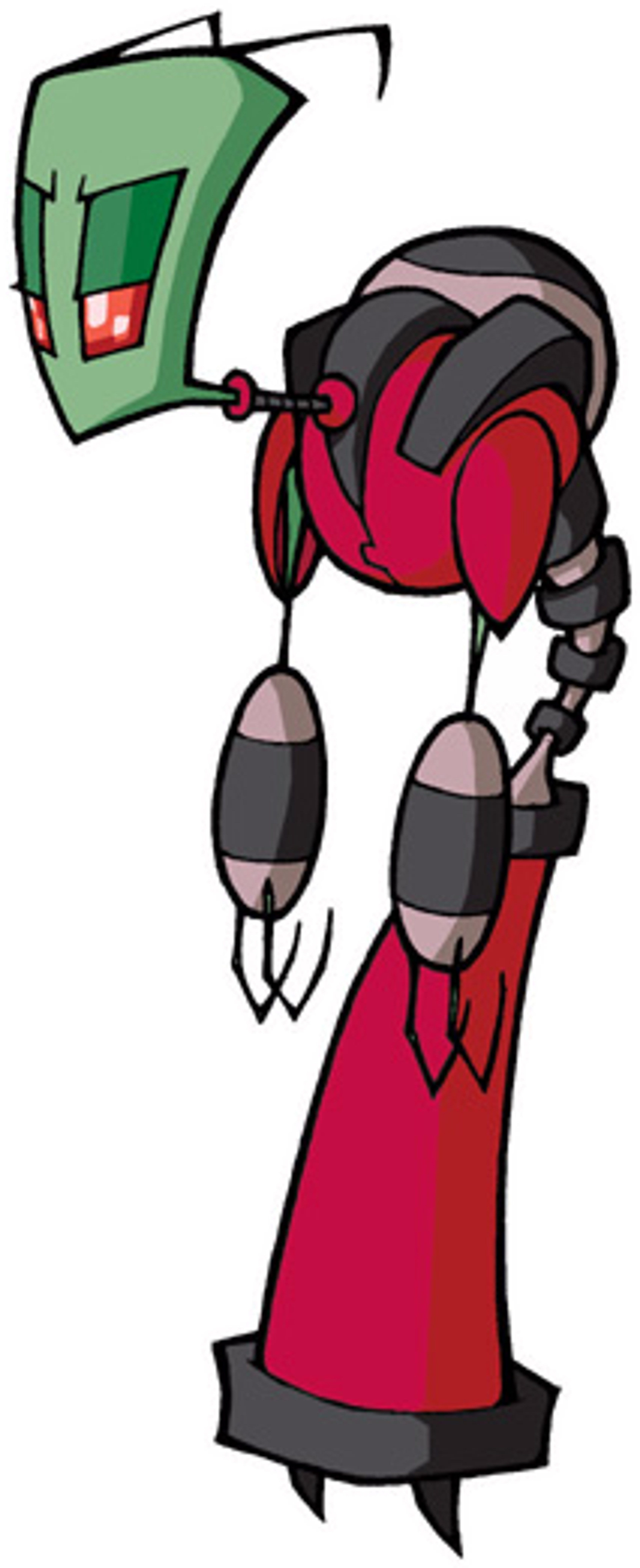 A tall, red-uniformed alien character with antennae and an angular face