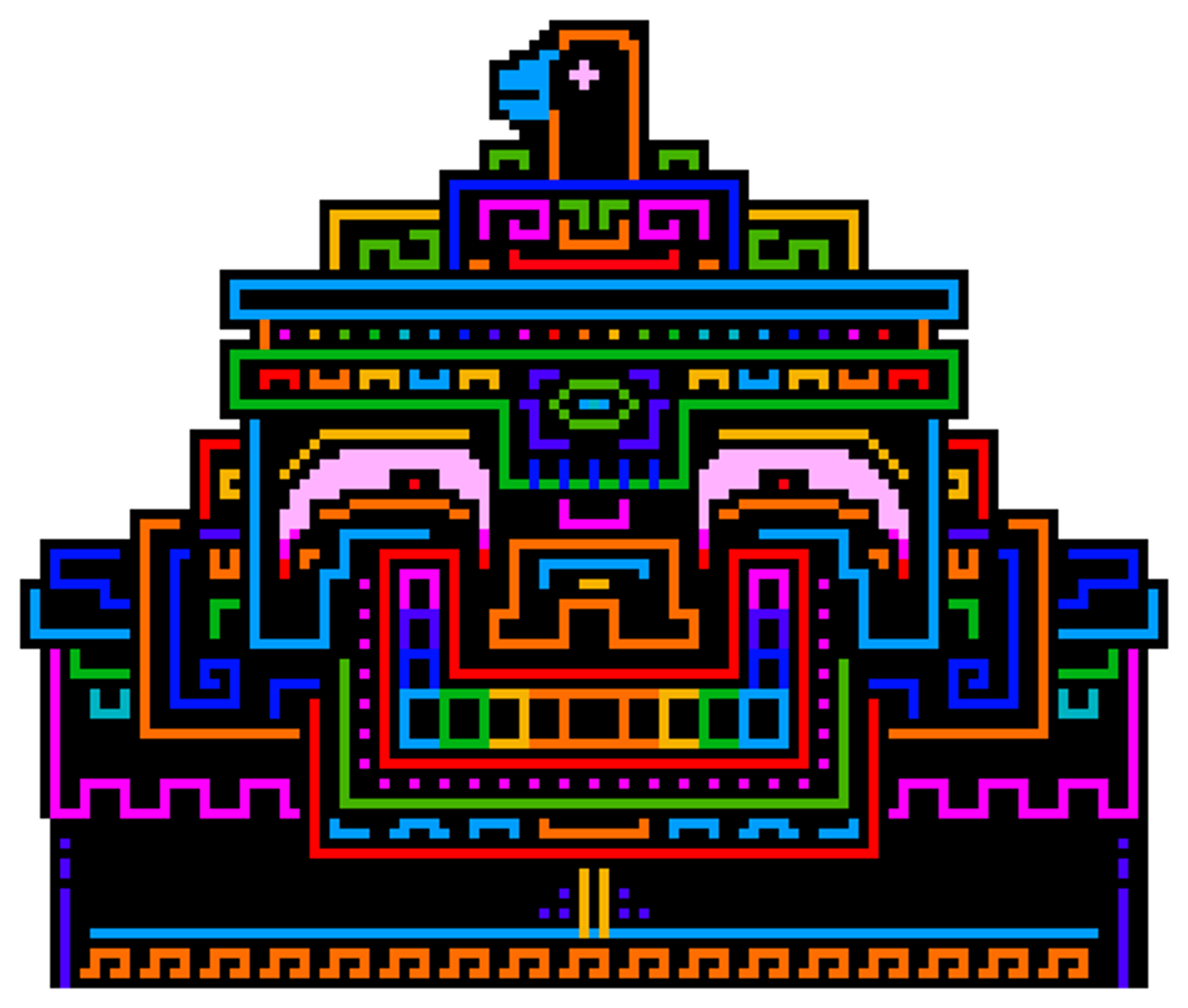 An abstract, colorful character with a smiling head and bird-topped hat, composed of shifting rainbow outlines.