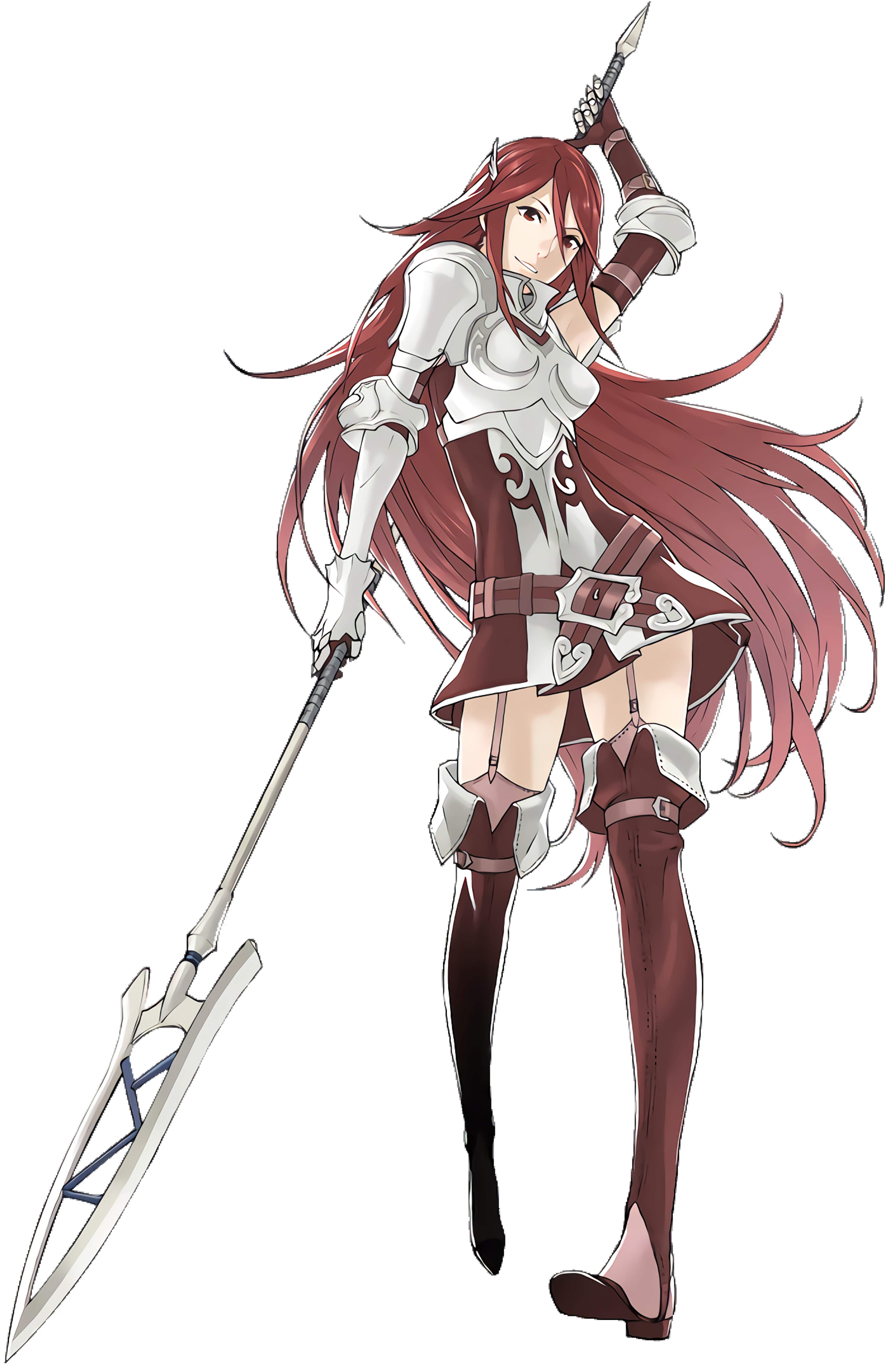 A female warrior character from the Fire Emblem series, holding a lance and wearing red and white armor.