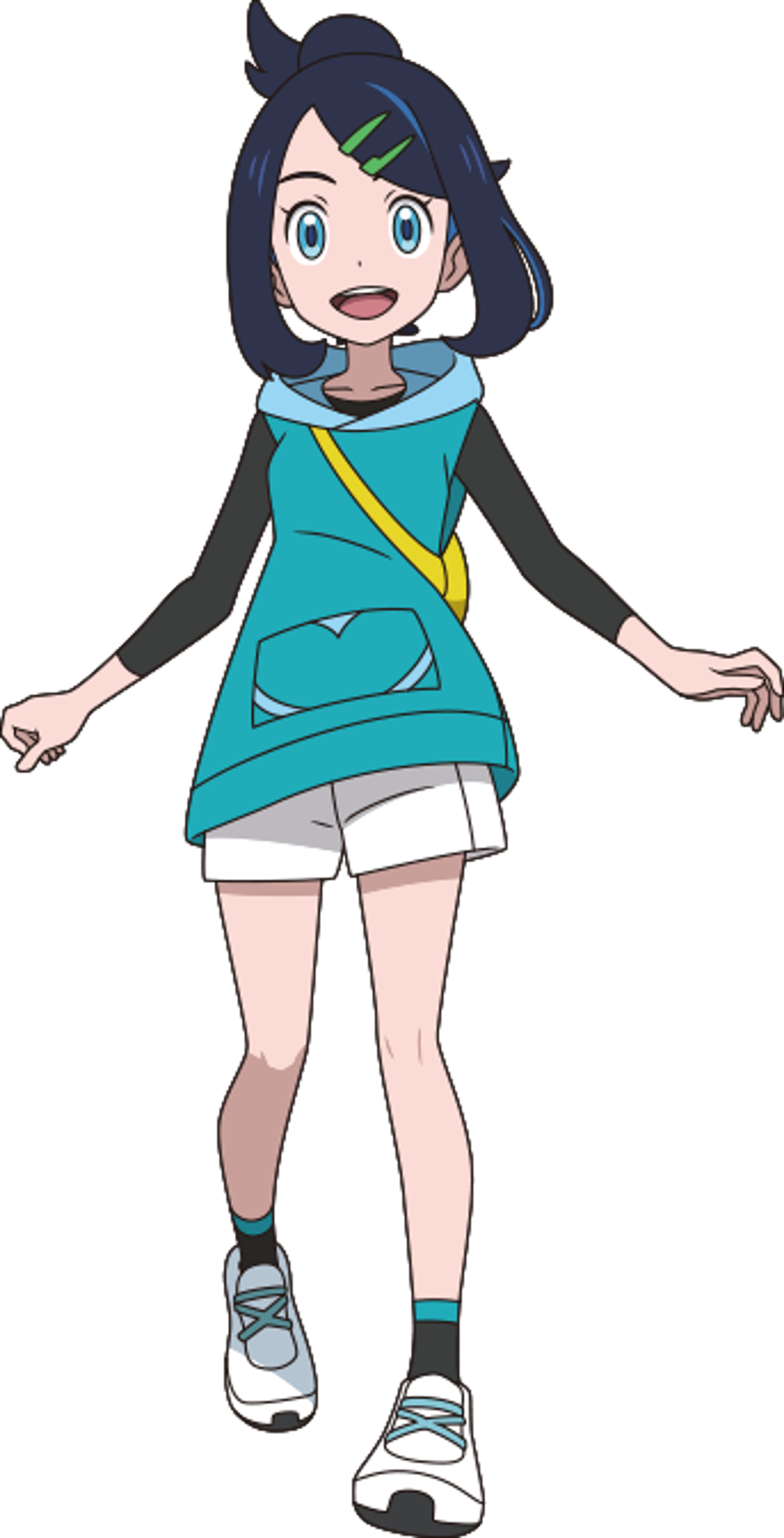 An anime-style character named Liko, a young female Pokémon trainer with blue hair and a teal-colored outfit.