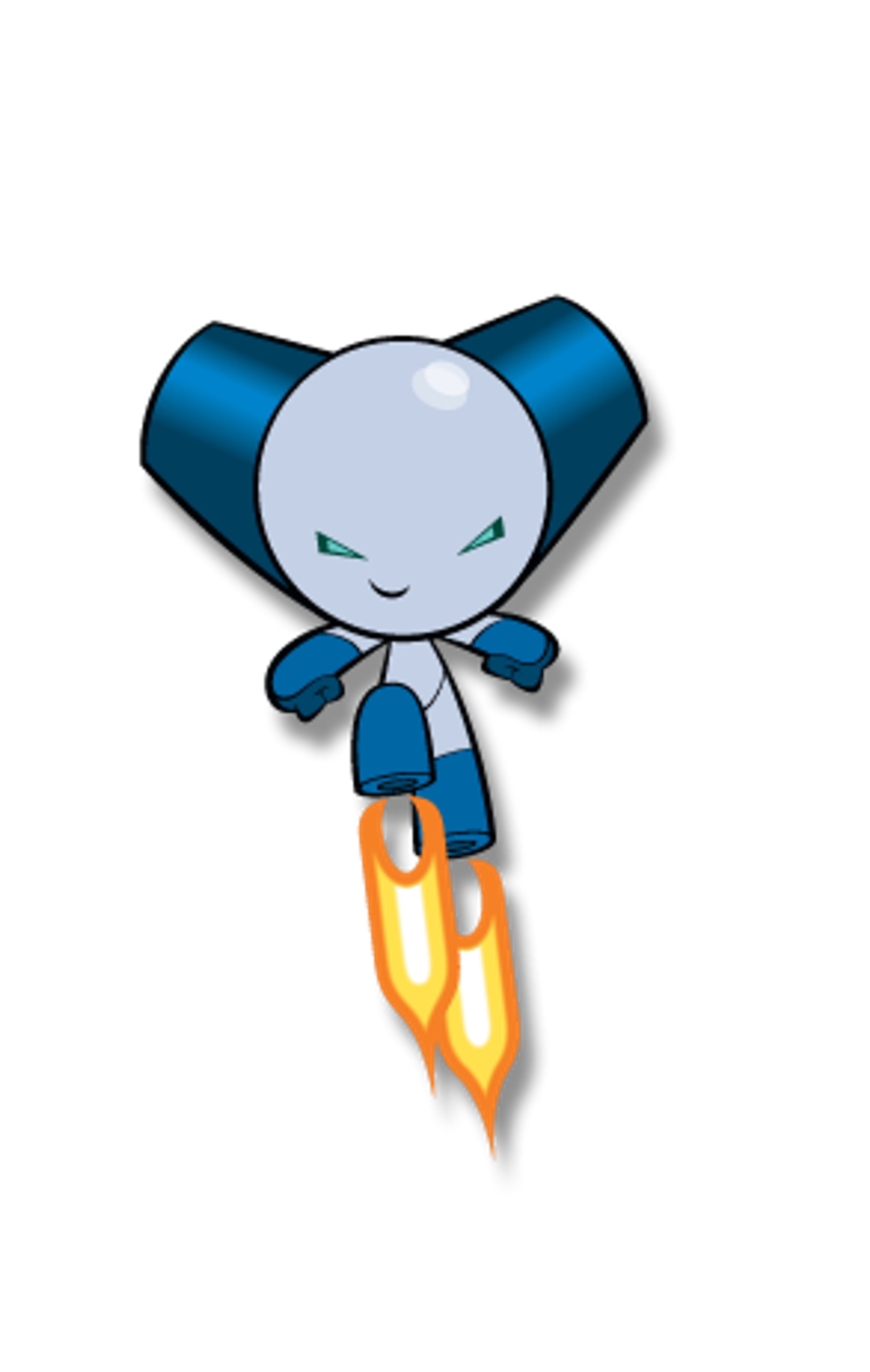 A cartoon robot character with a blue body, large eyes, and a small mouth, floating or flying using thrusters on its back.