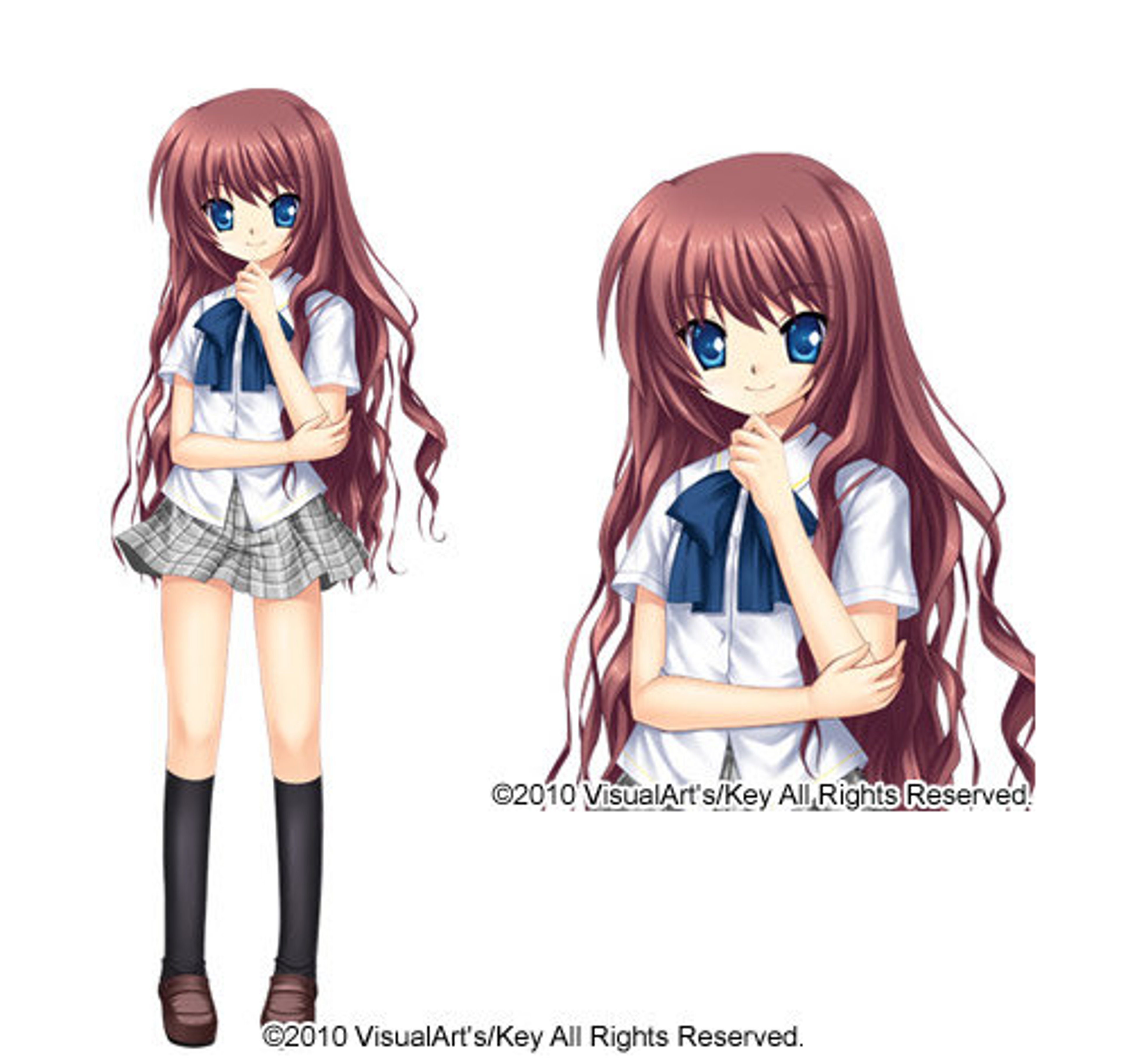 An anime-style character with long, wavy reddish-brown hair and blue eyes, wearing a school uniform.