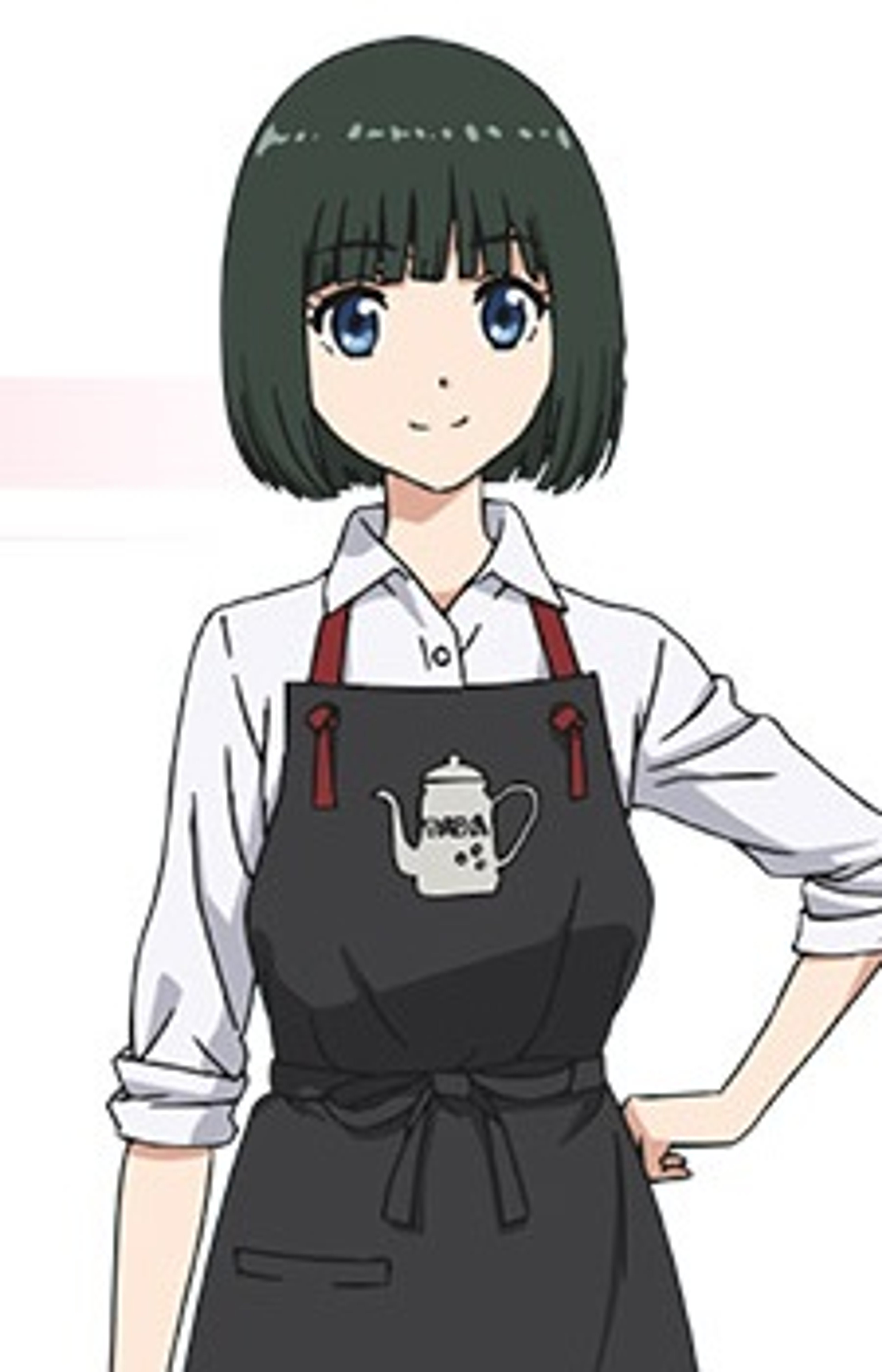 A young anime-style girl in a white shirt and black apron with a teapot design, smiling cheerfully.