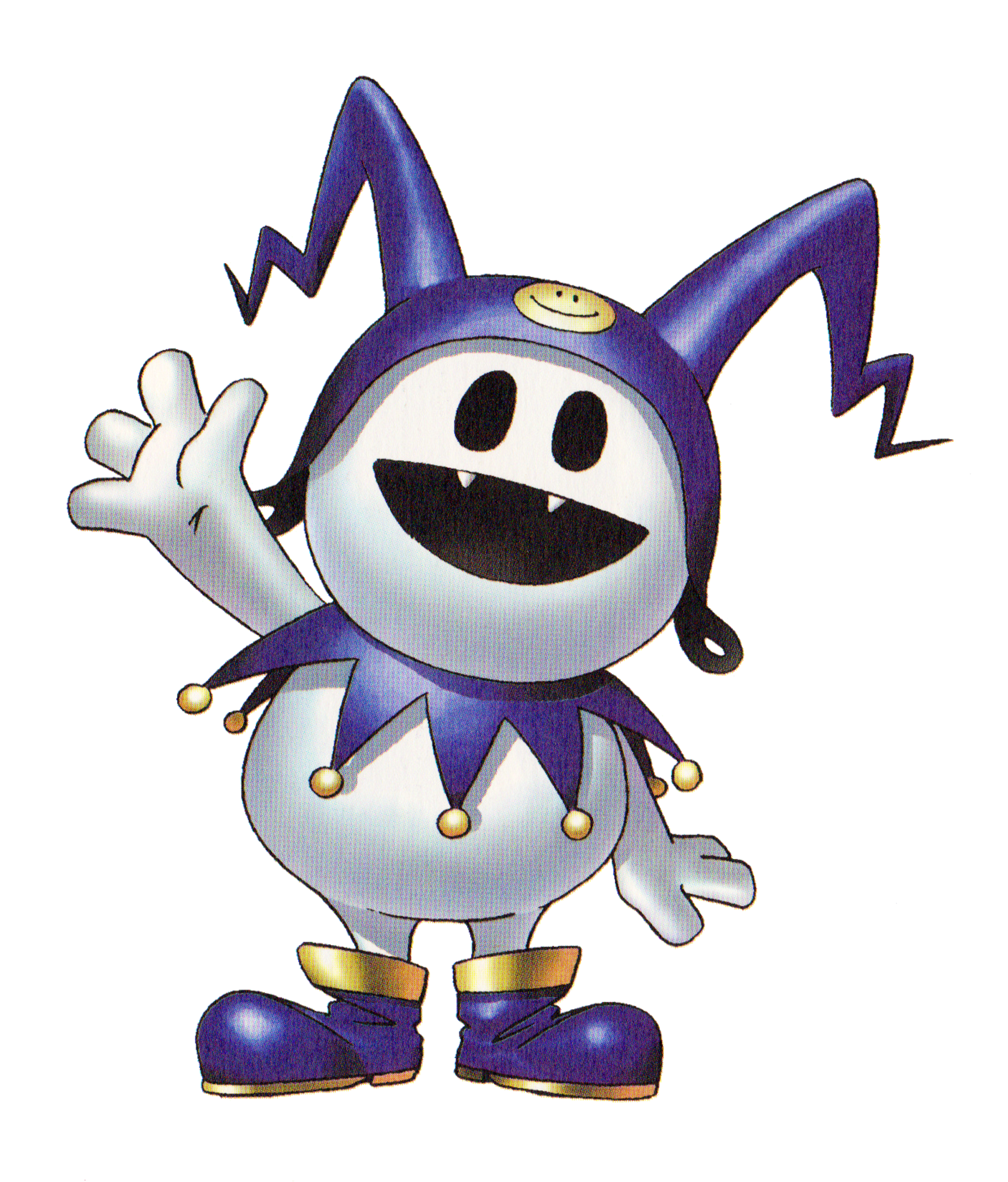 A mischievous, snowman-like creature with a wide grin and purple hat, gloves, and boots