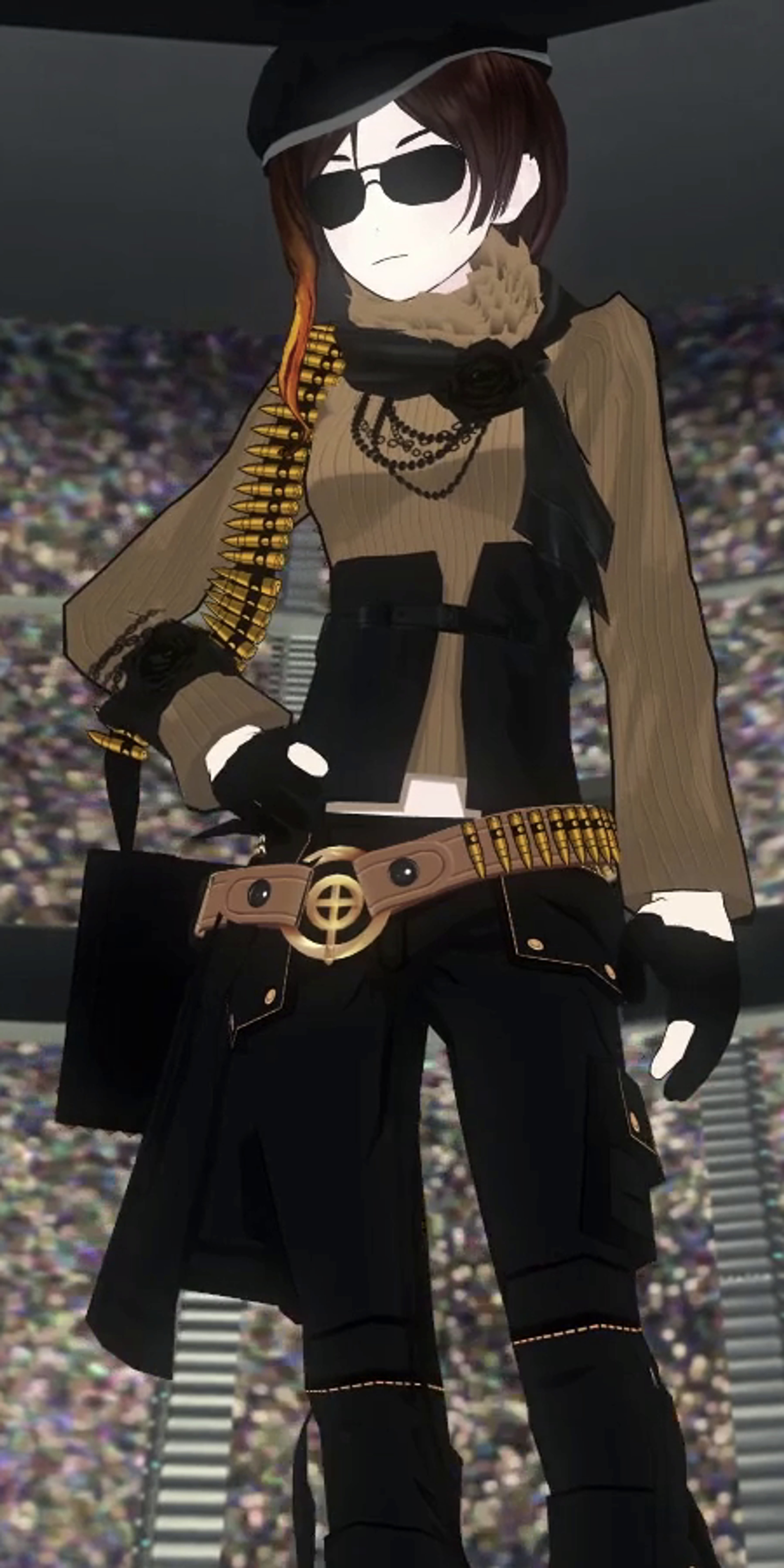 A stylish young woman in a tan beret and black outfit with gold accents, holding a transforming handbag weapon.