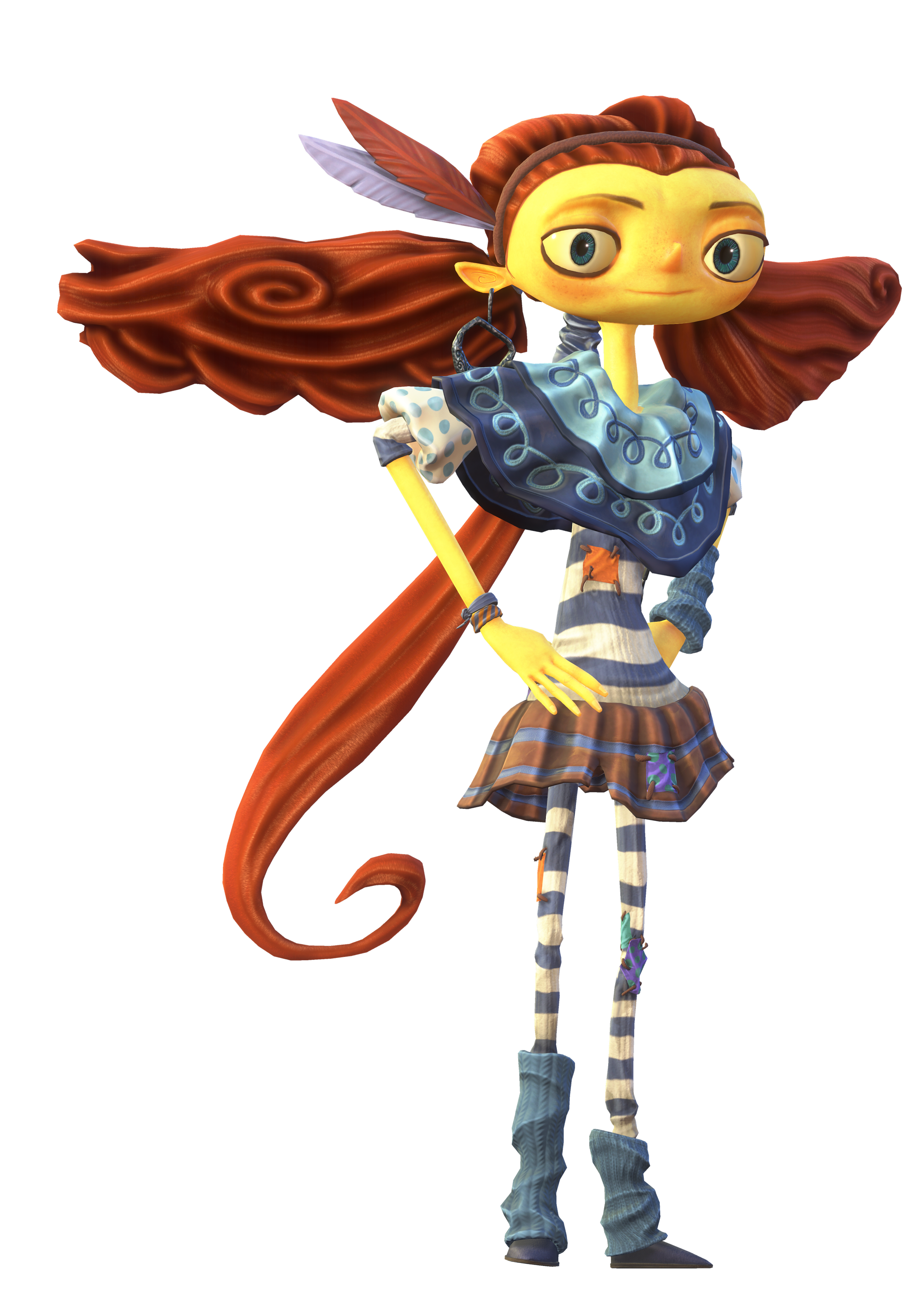 A colorful, cartoon-like character with orange hair and wings