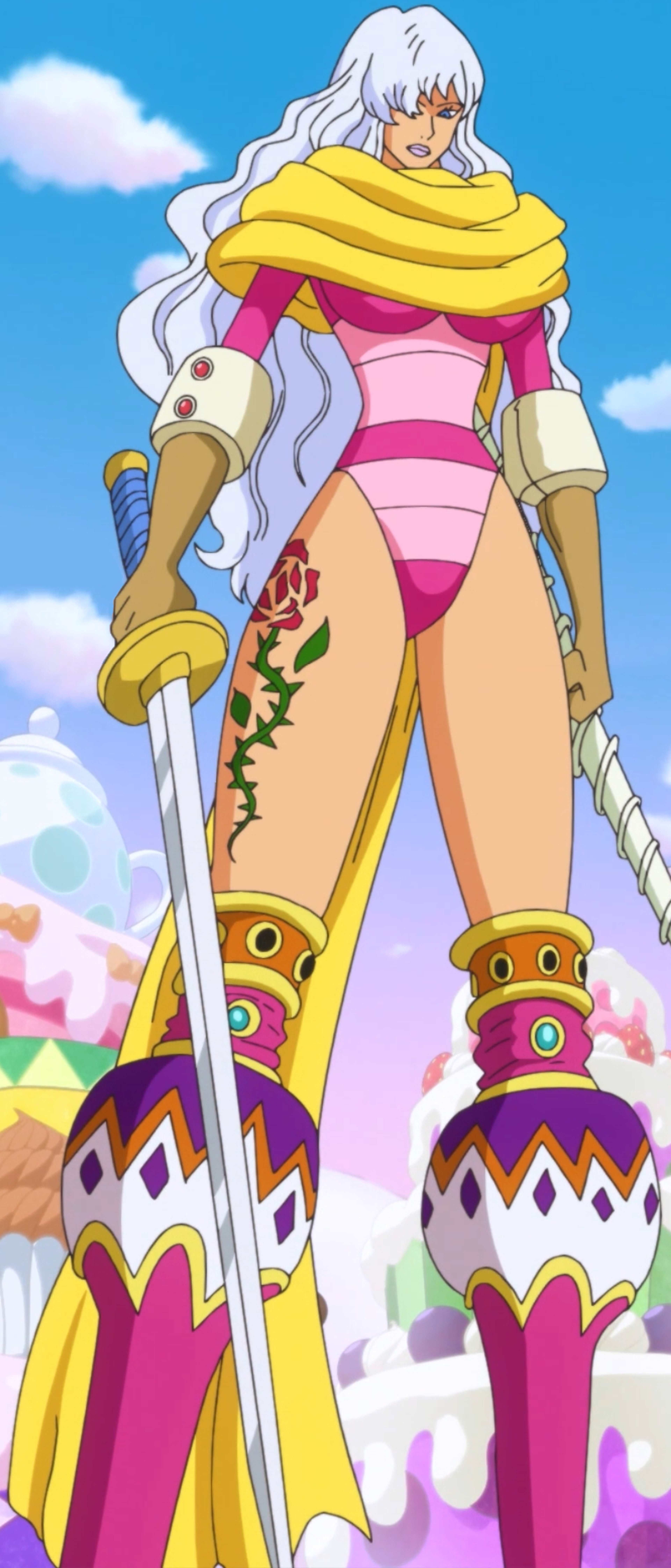 A tall, imposing woman with white hair and a striking appearance, holding a large sword.