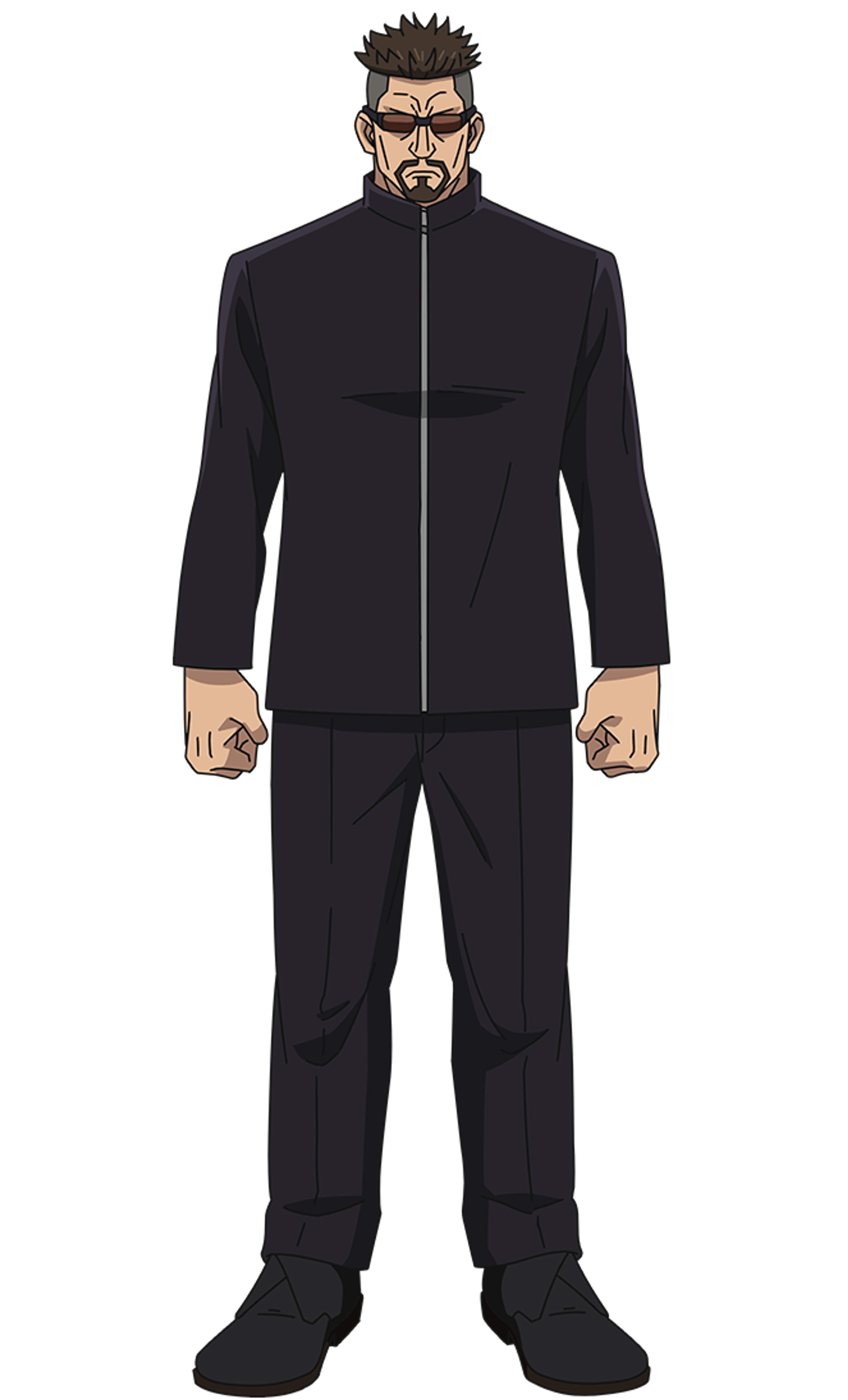 A stern-looking man with spiky dark hair, a mustache, and goatee, wearing a dark suit and sunglasses.