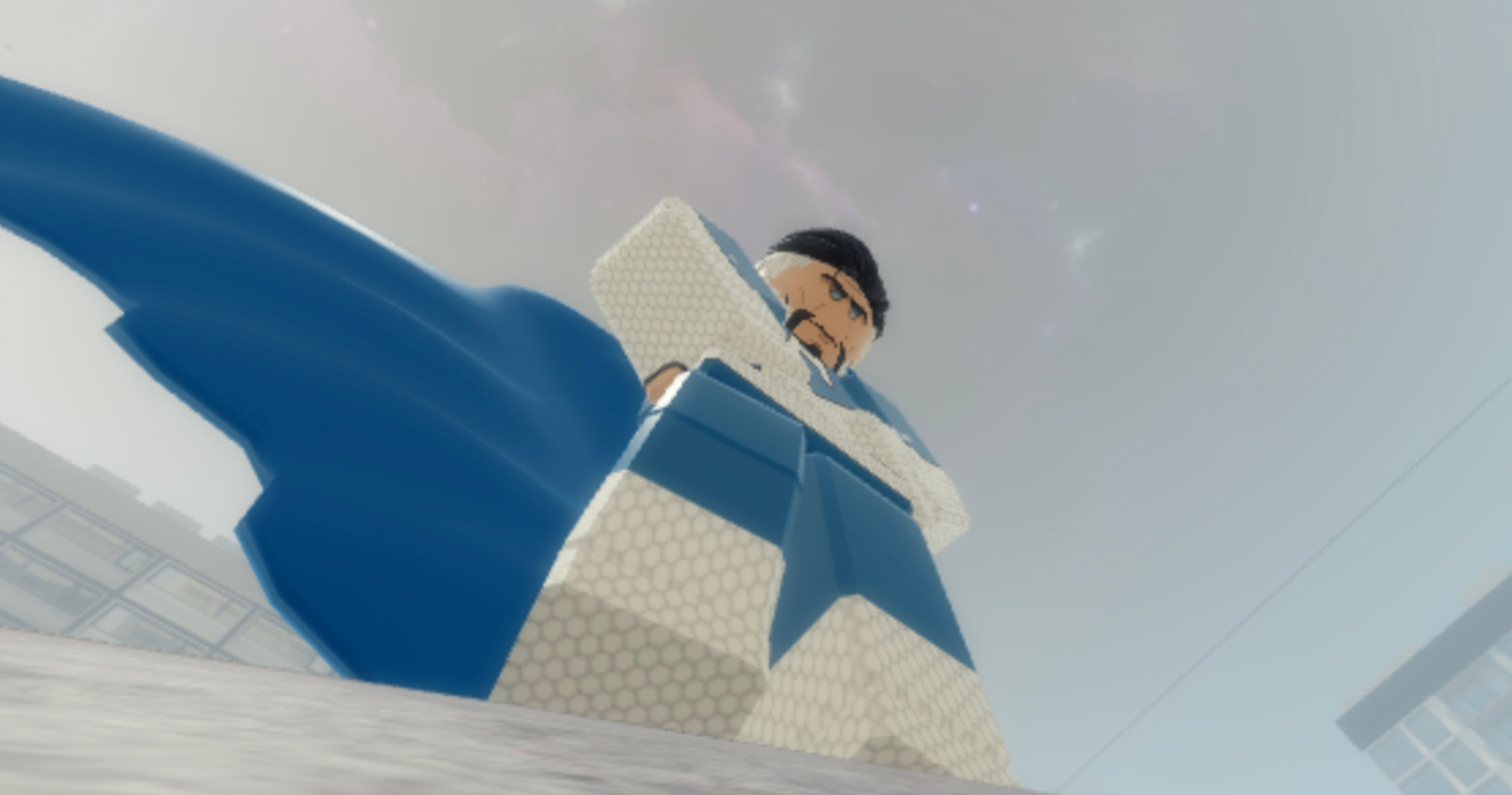 A powerful superhero character flying through the sky