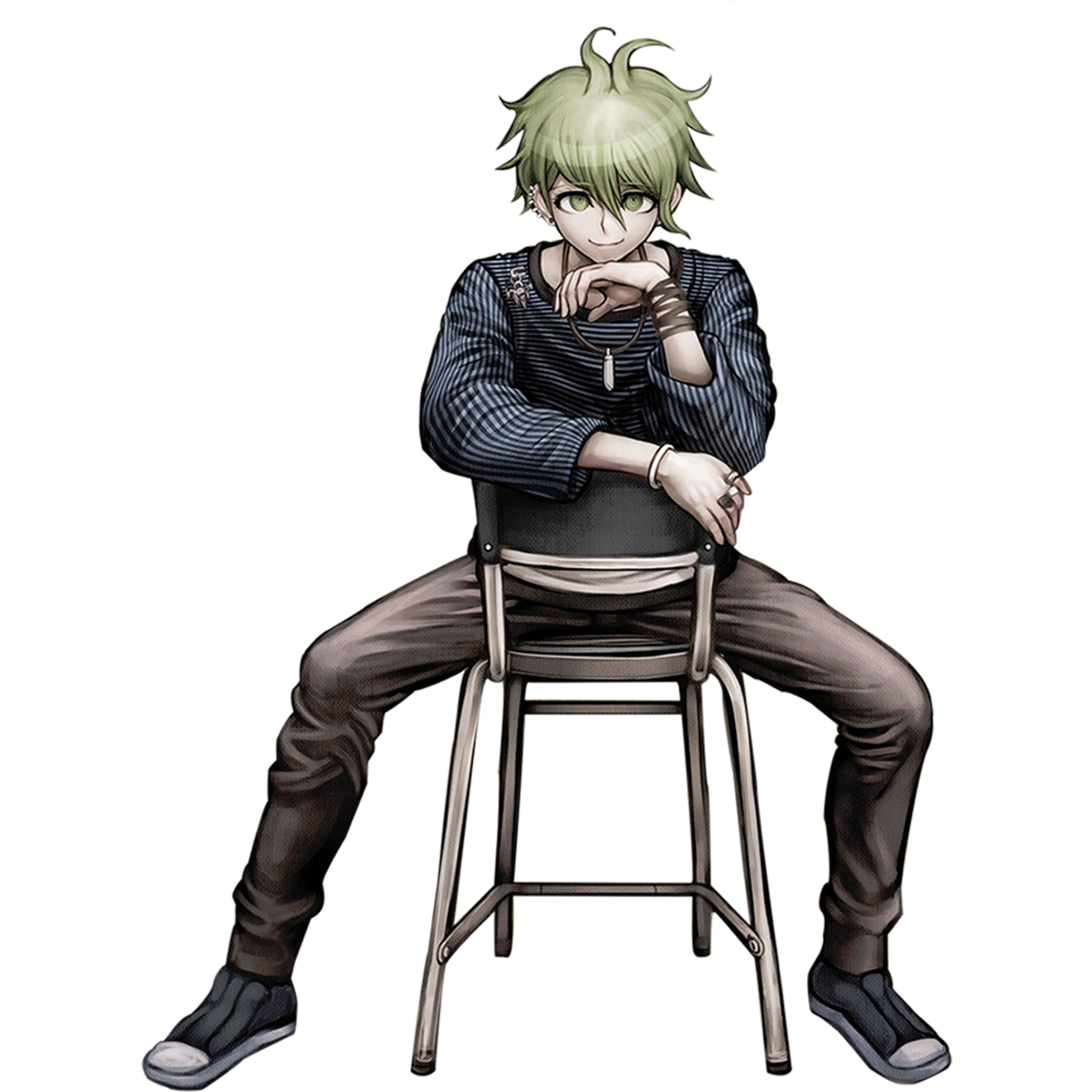 A young man with green hair sitting on a chair