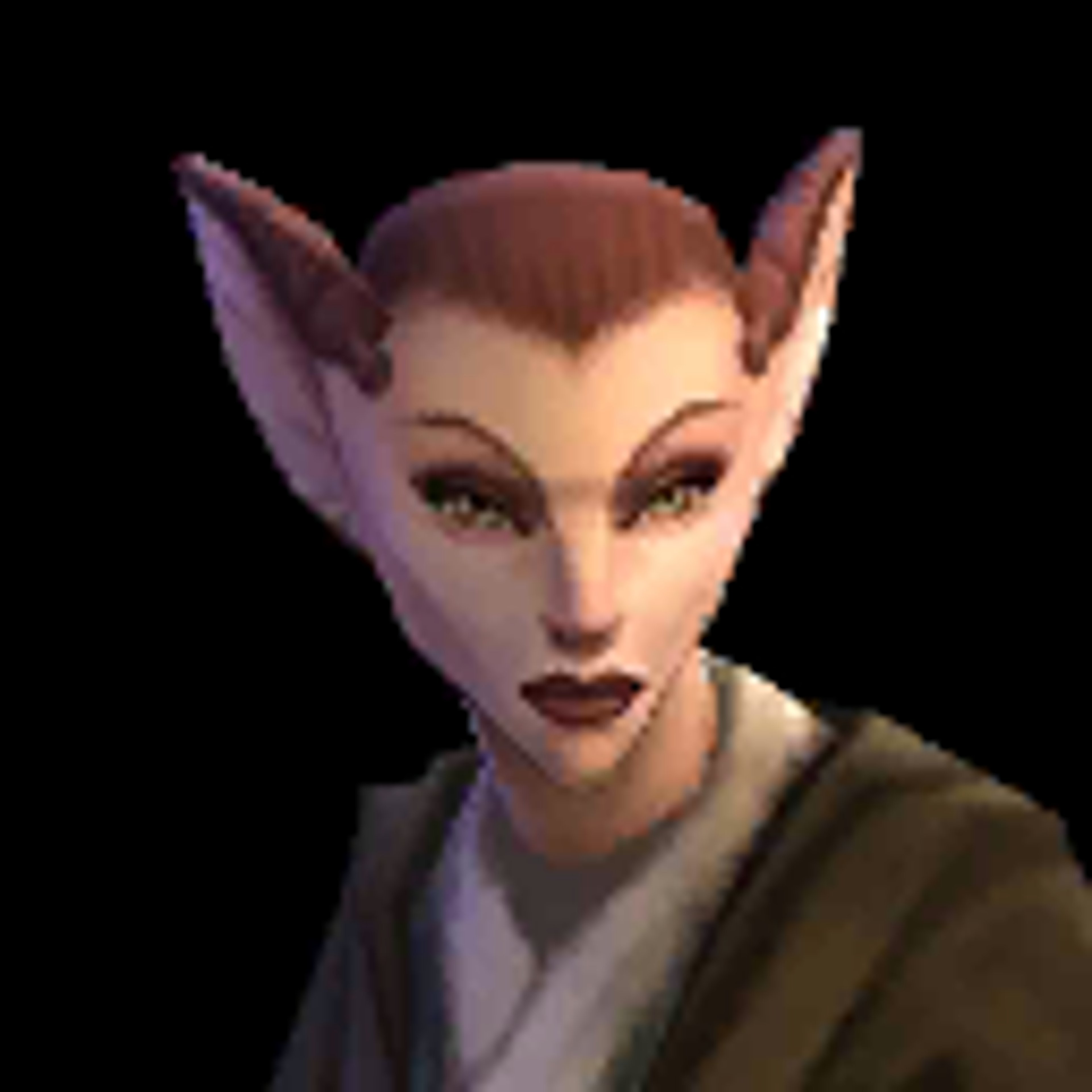 A female humanoid character with pointed ears and a distinctive facial structure, wearing a robe or cloak.