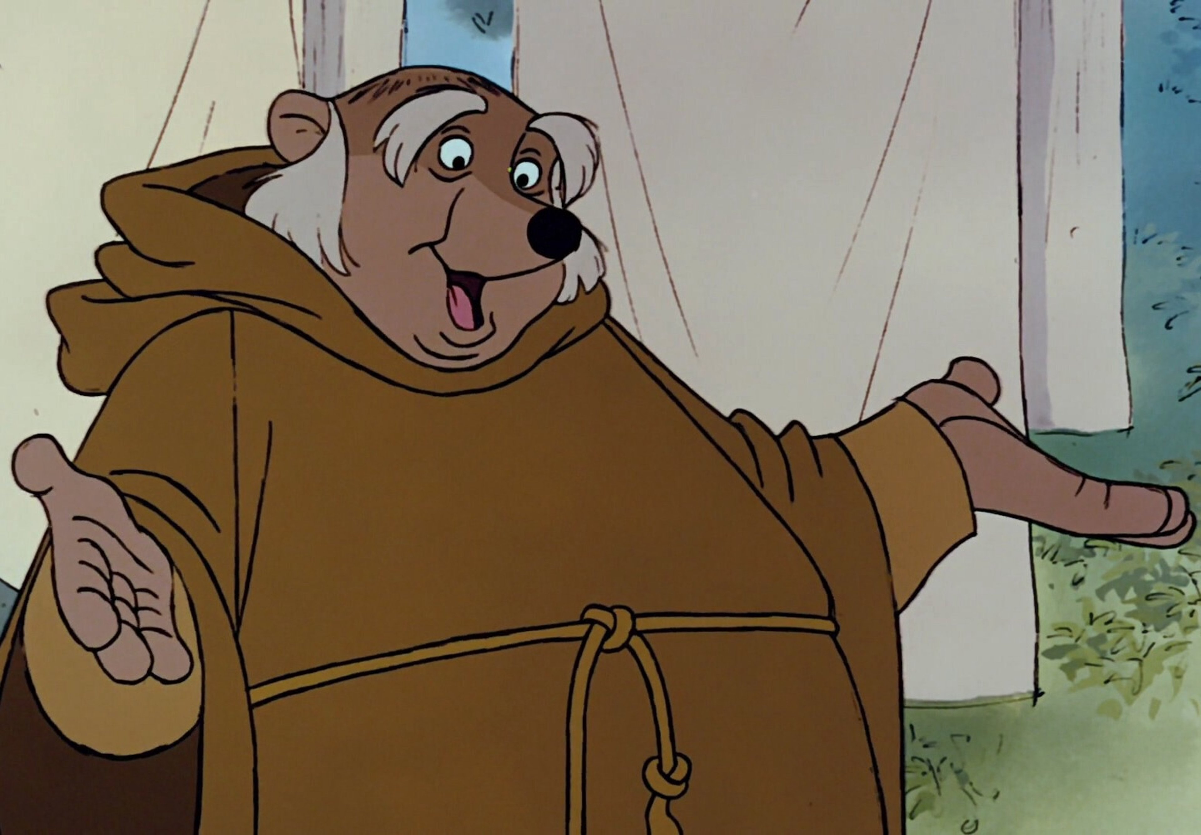 A friendly, rotund friar in a brown robe gesturing with his hands