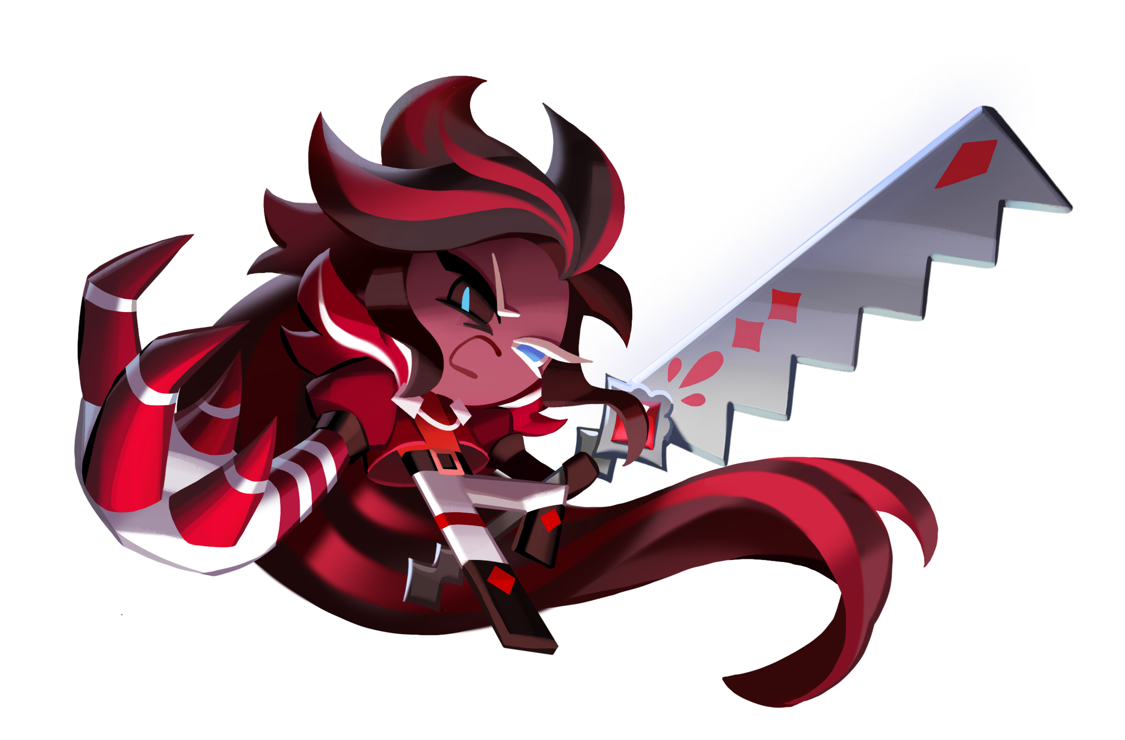 A detailed illustration of a powerful, dark-themed cookie character with mauve skin, mismatched eyes, and a distinctive uniform.