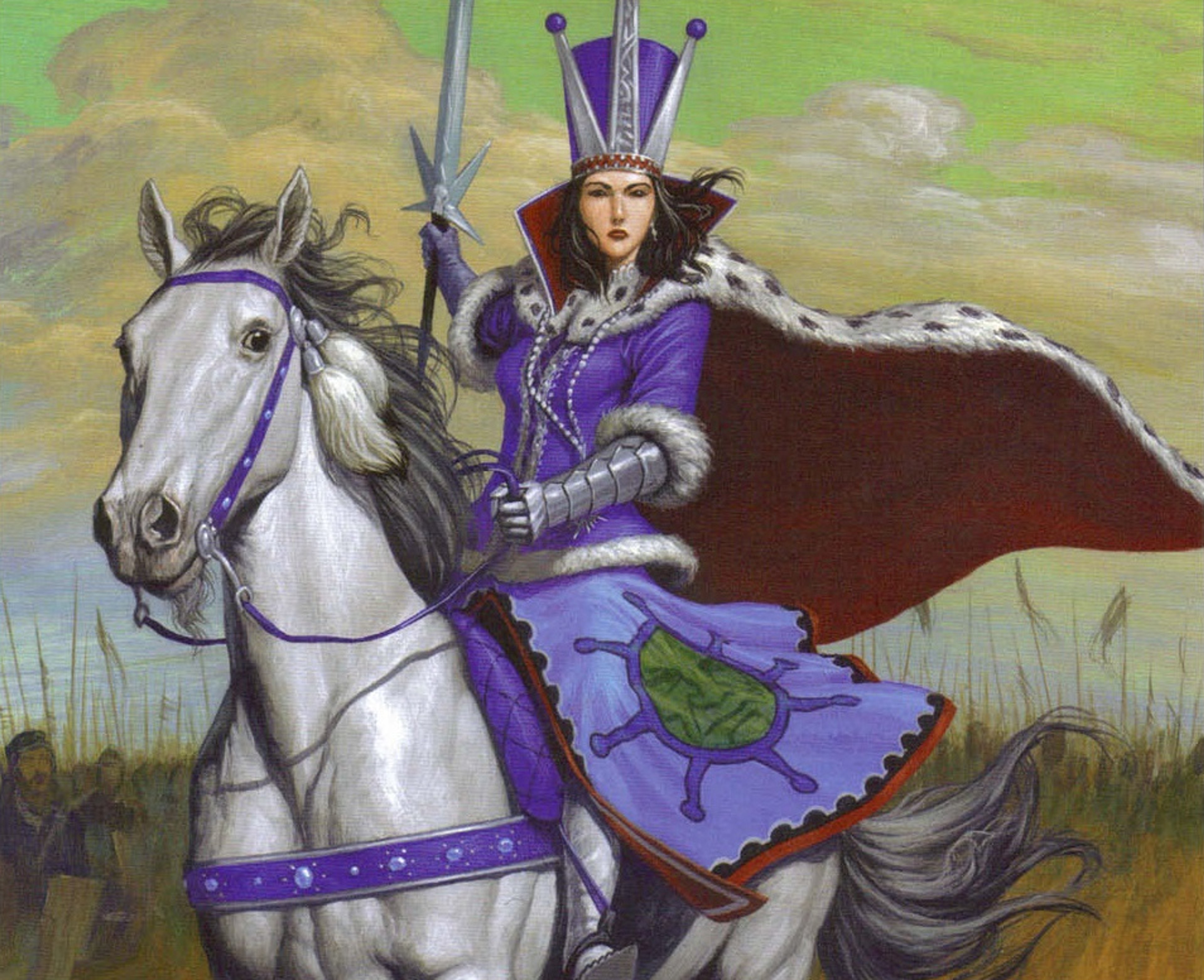 A powerful, regal-looking woman riding a white horse in a fantasy landscape