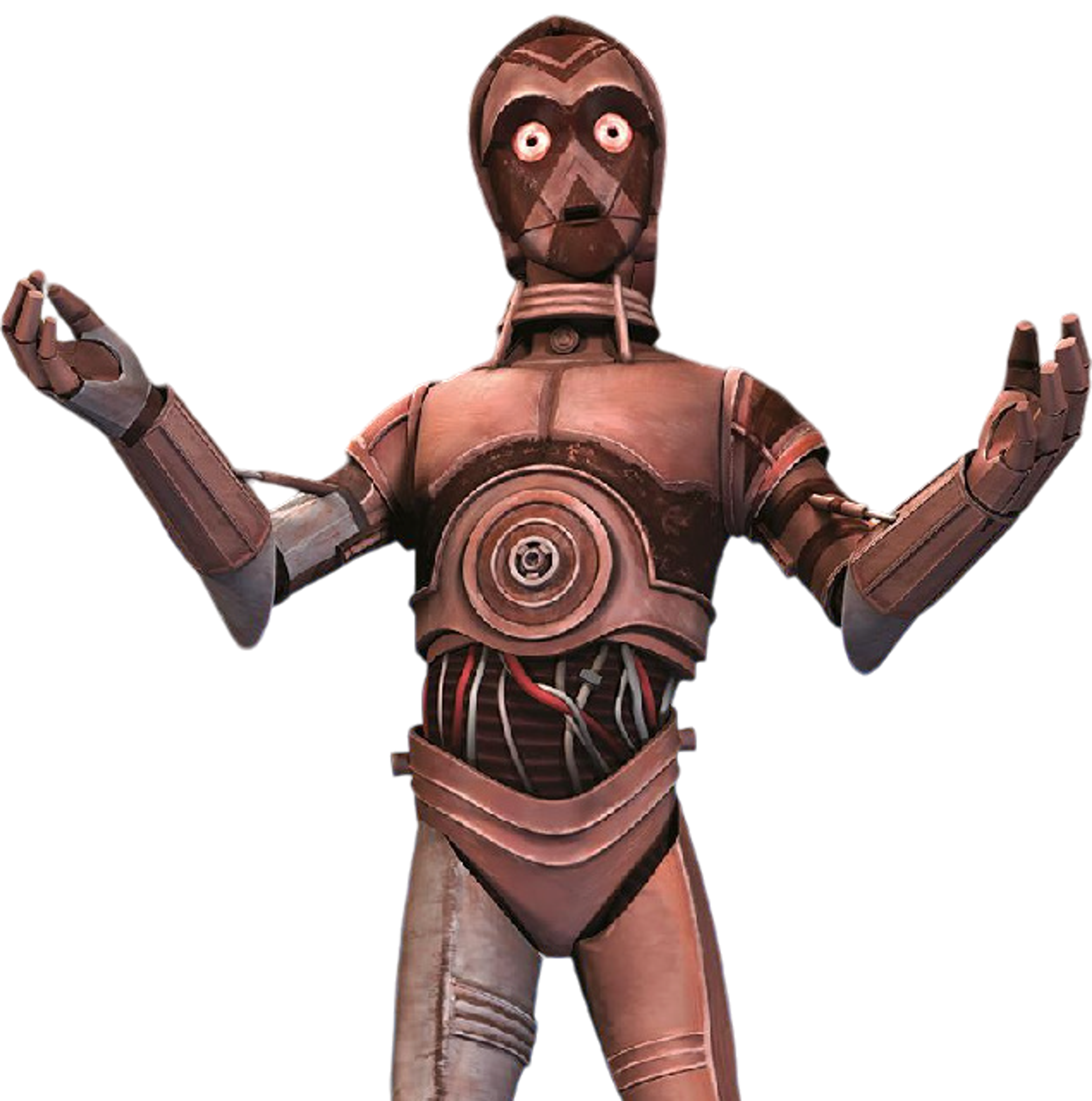 A copper-colored protocol droid with a yellow sensor standing in a neutral pose.
